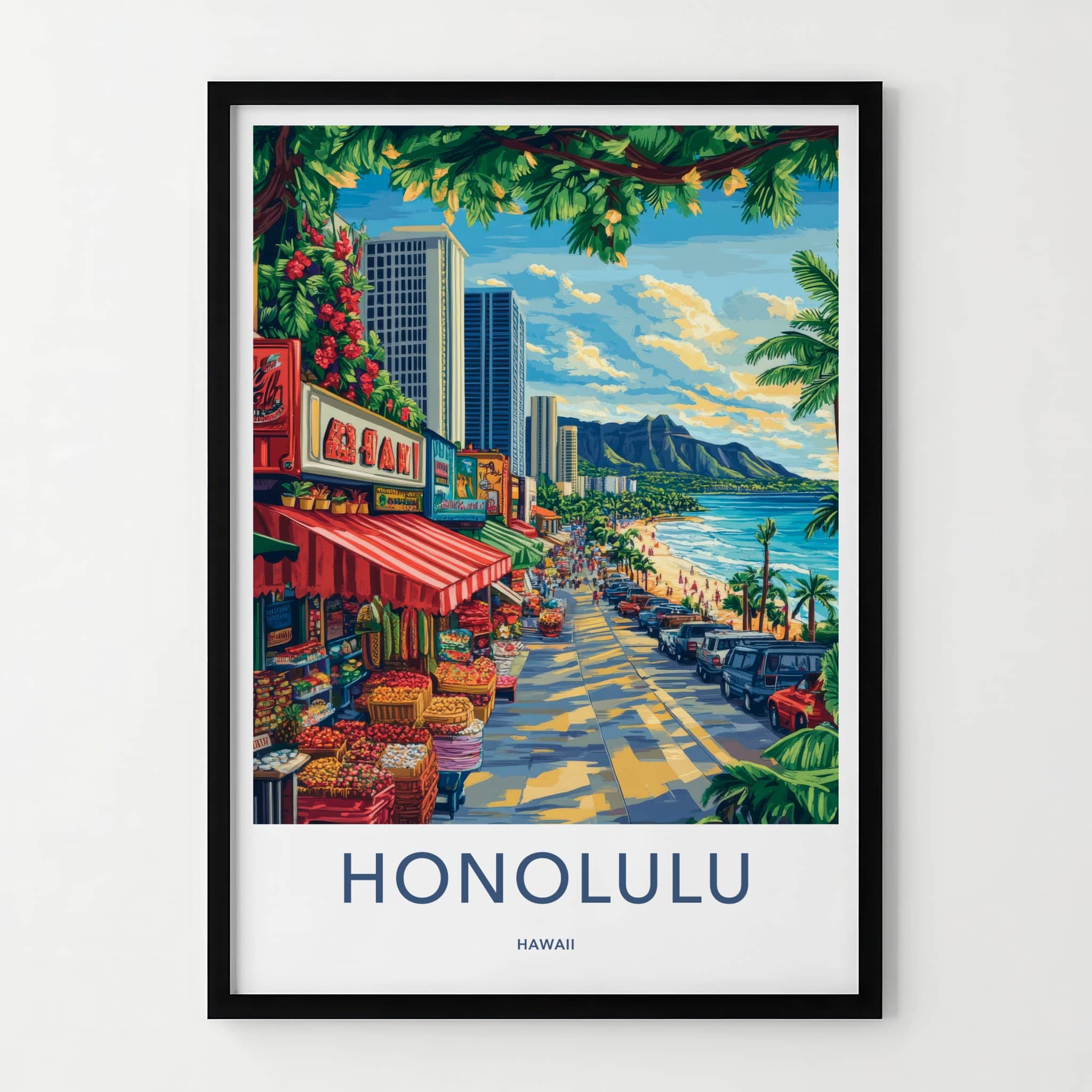 Honolulu Poster - Hawaii Travel Art - Vibrant Market Scene Home Decor