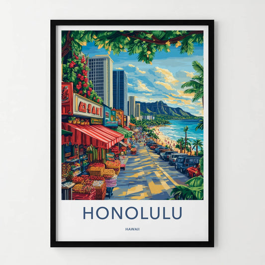 Honolulu Poster - Hawaii Travel Art - Vibrant Market Scene Home Decor