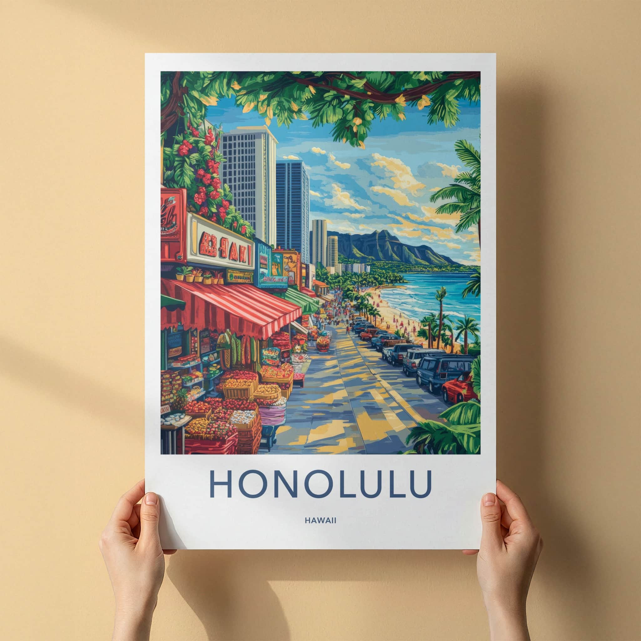 Honolulu Poster - Hawaii Travel Art - Vibrant Market Scene Home Decor