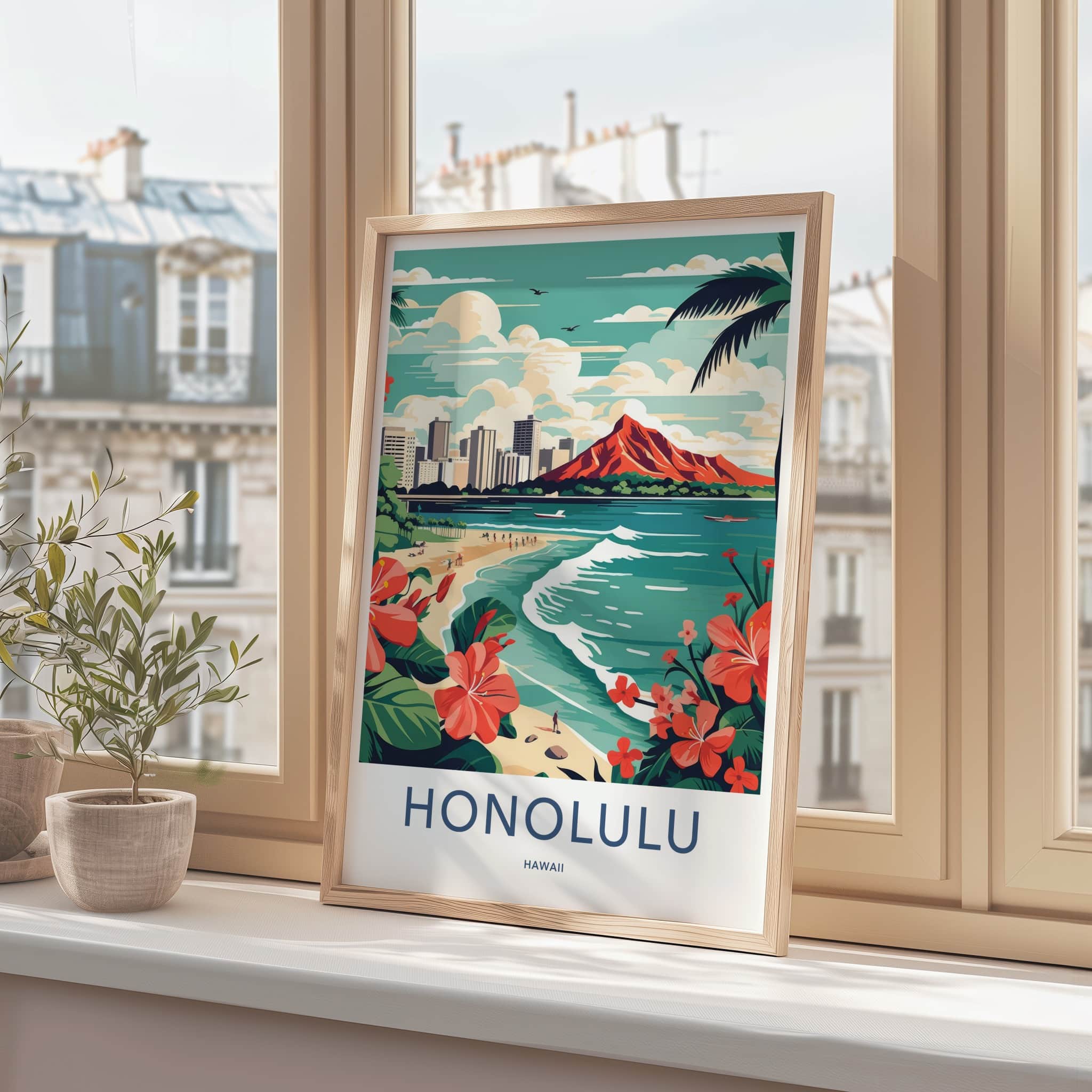 Honolulu Poster - Hawaii Travel Art - Waikiki Beach Vista Home Decor
