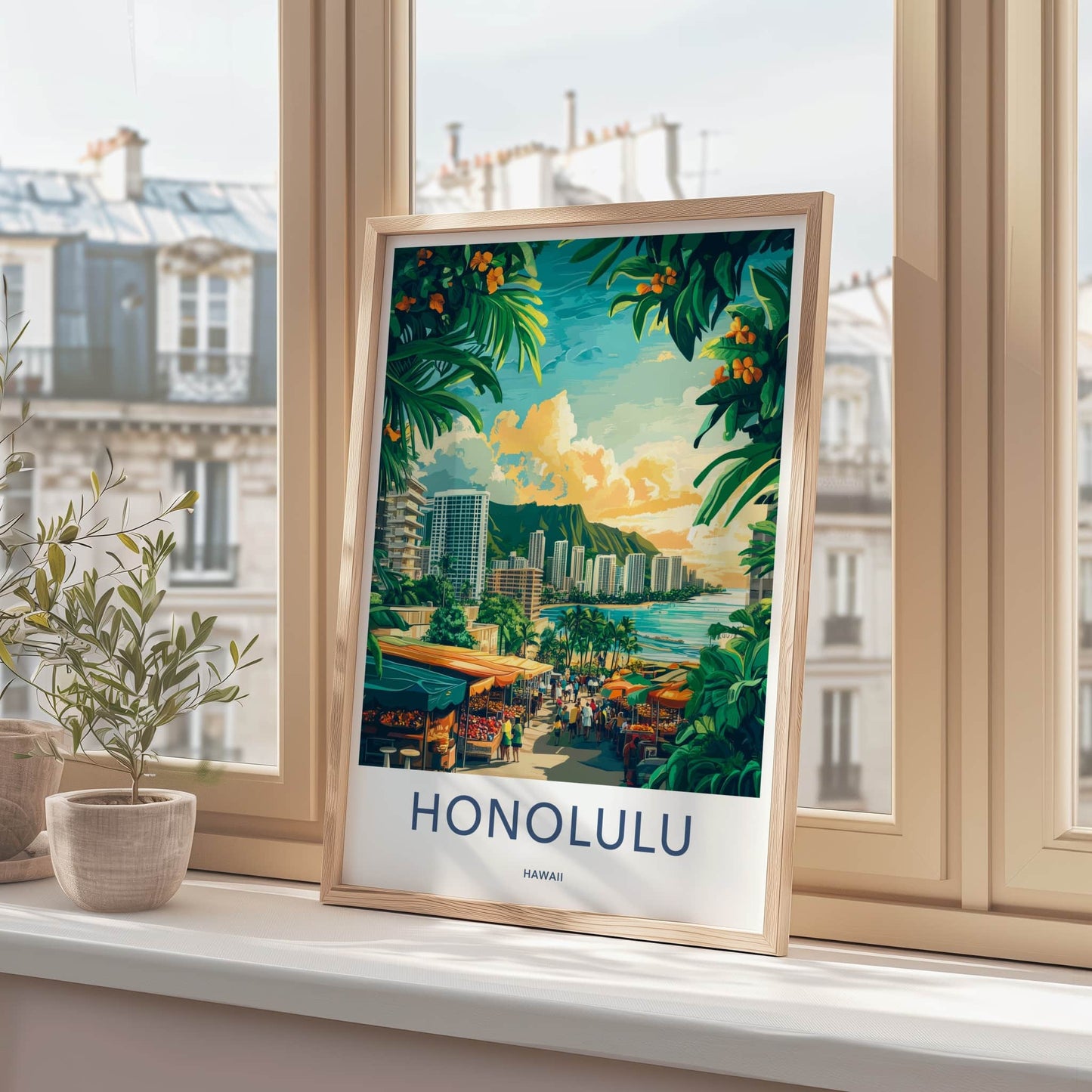 Honolulu Poster - Hawaii Wall Art - Tropical City Market Home Decor