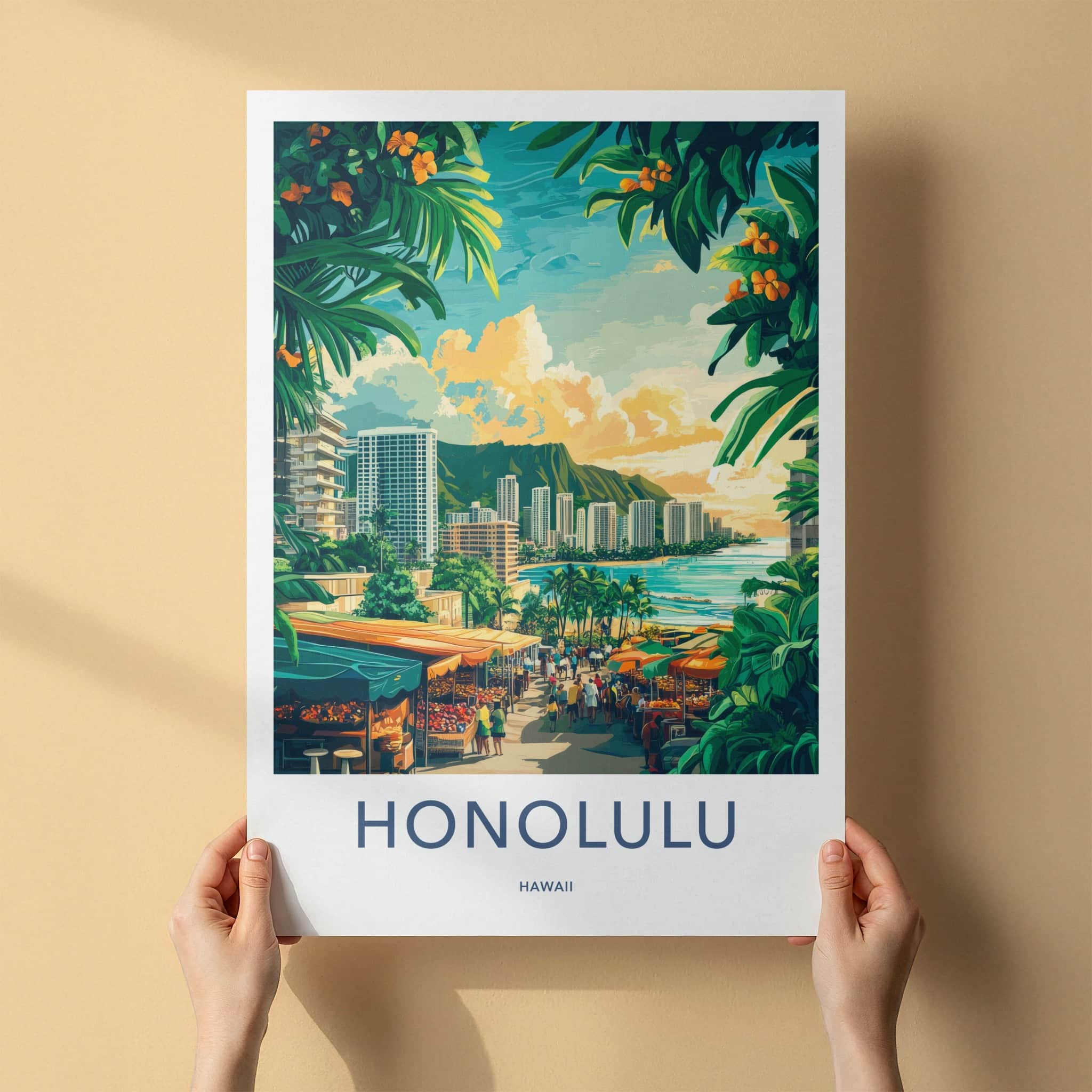 Honolulu Poster - Hawaii Wall Art - Tropical City Market Home Decor