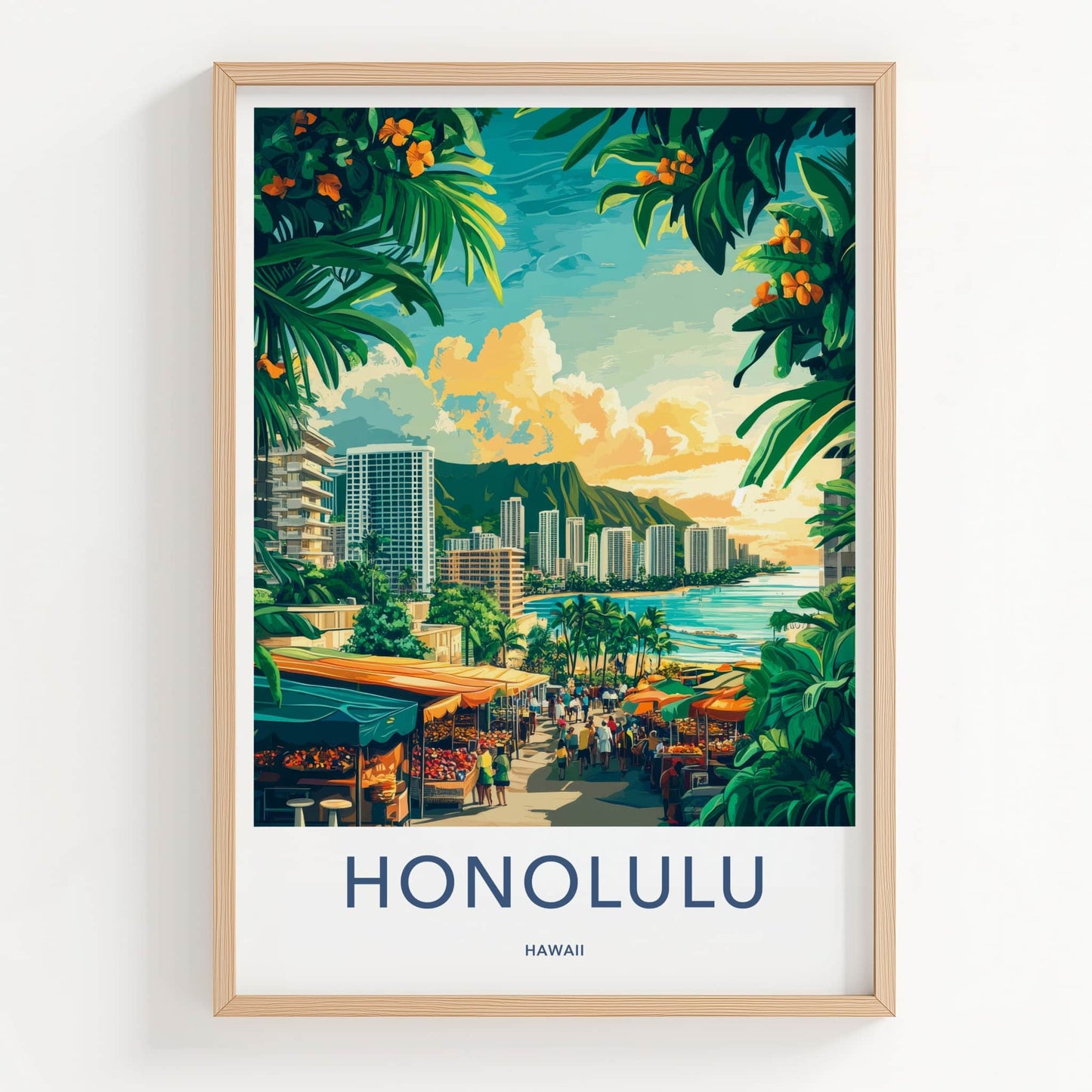 Honolulu Poster - Hawaii Wall Art - Tropical City Market Home Decor