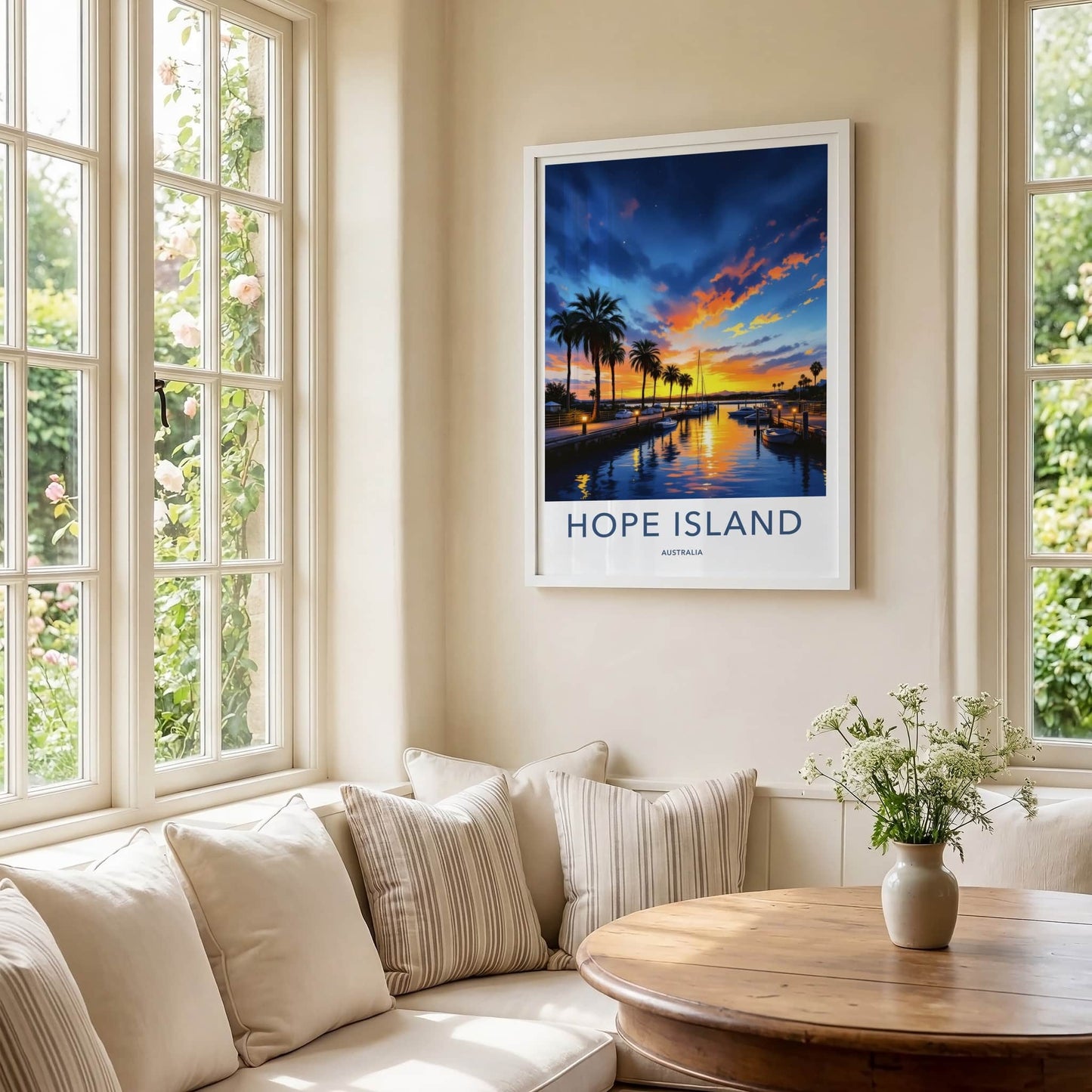 Hope Island Poster - Australia Travel Art - Sunset Marina Palms Home Decor