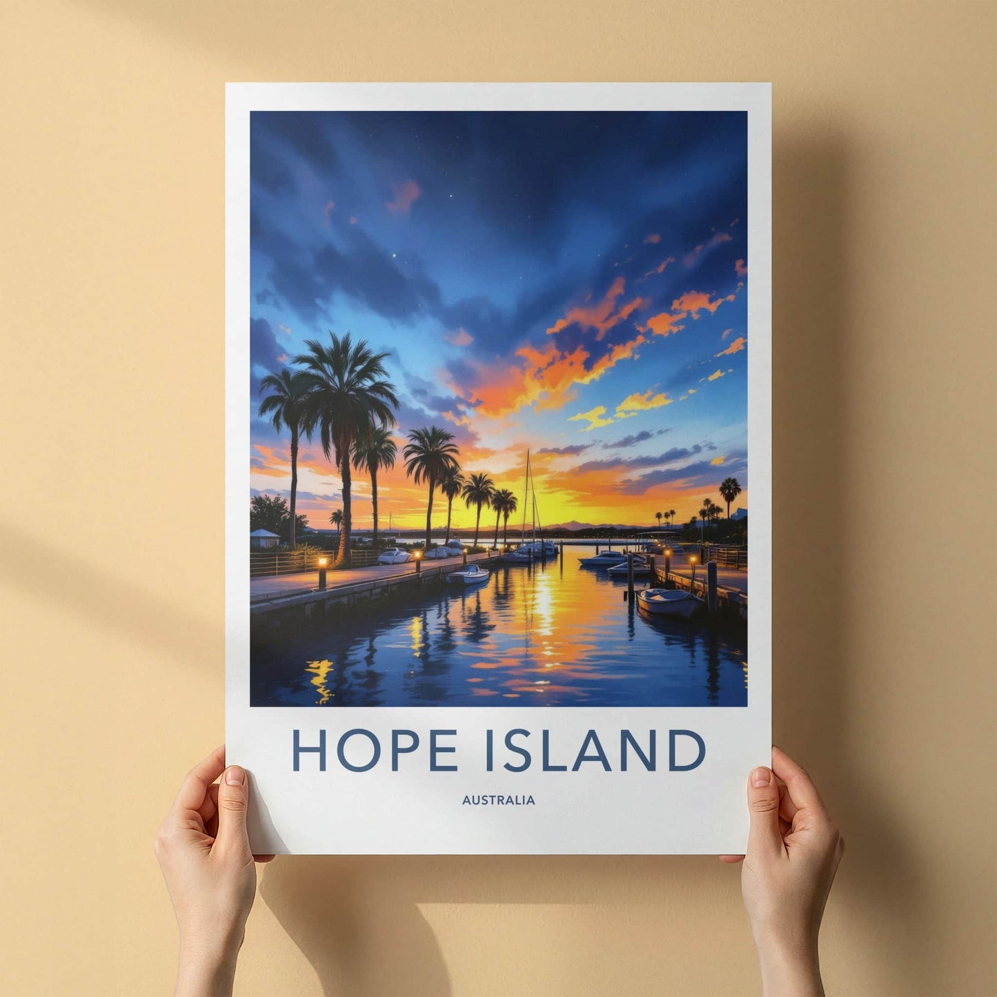 Hope Island Poster - Australia Travel Art - Sunset Marina Palms Home Decor