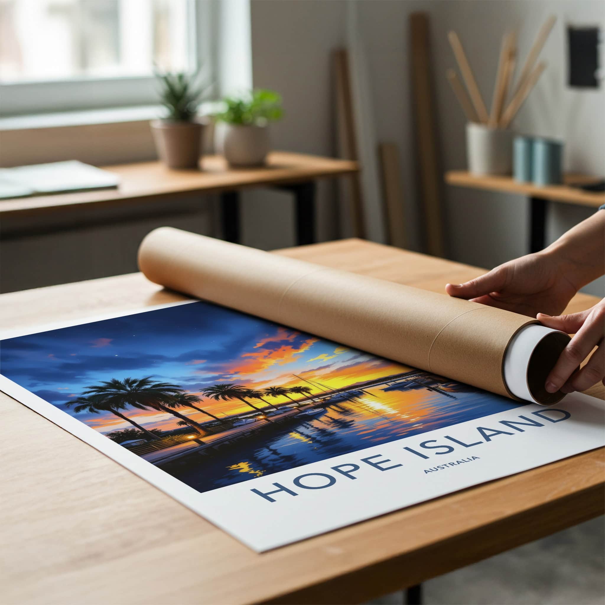 Hope Island Poster - Australia Travel Art - Sunset Marina Palms Home Decor