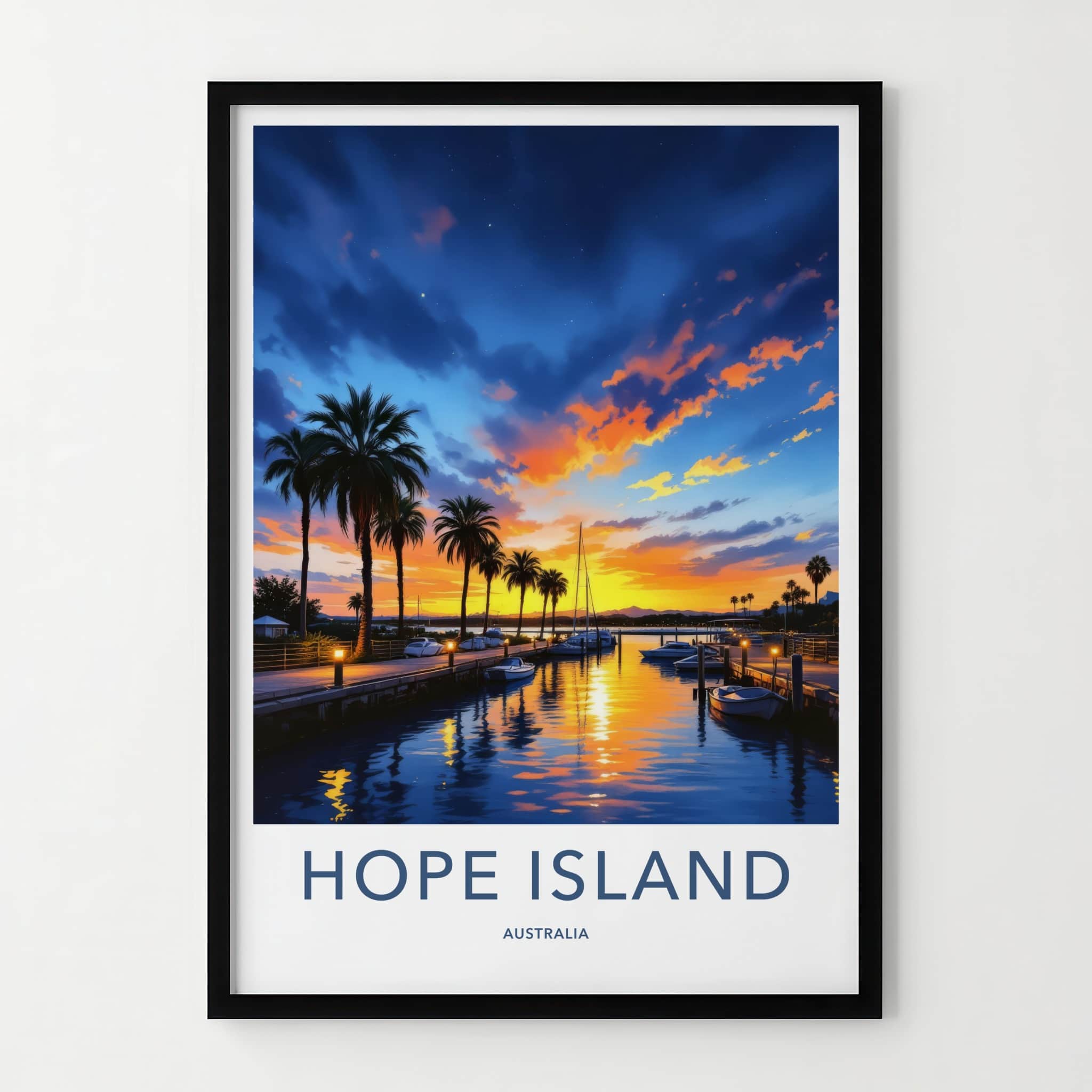 Hope Island Poster - Australia Travel Art - Sunset Marina Palms Home Decor