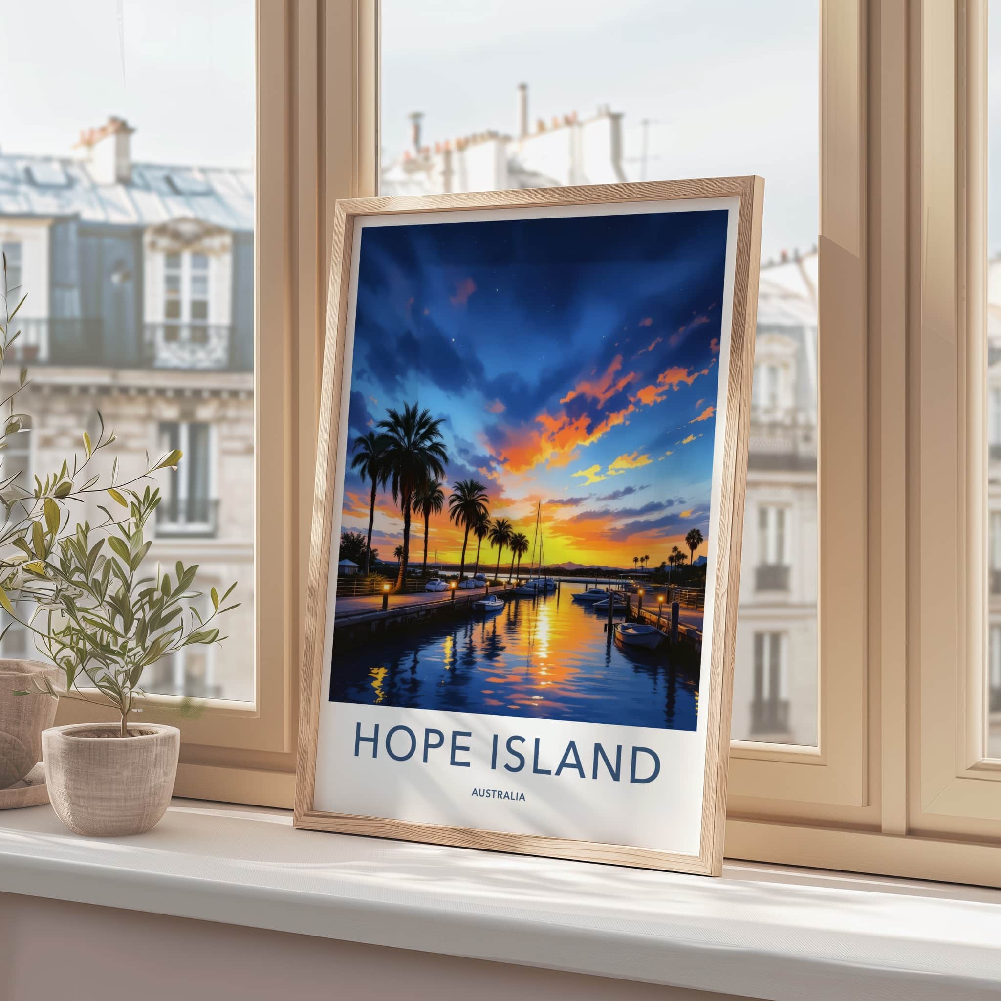 Hope Island Poster - Australia Travel Art - Sunset Marina Palms Home Decor