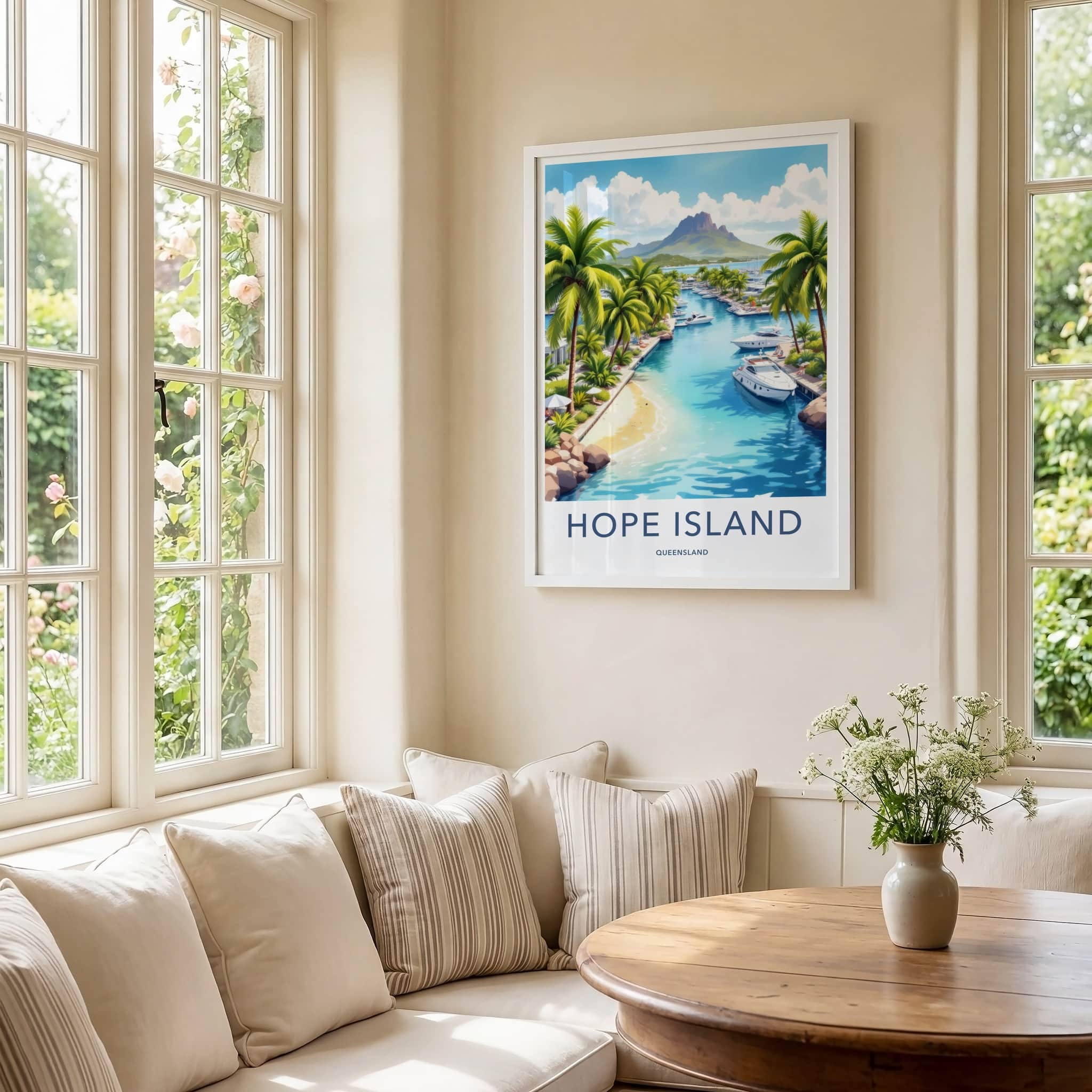 Hope Island Poster - Australia Travel Art - Tropical Marina Mountain Home Decor