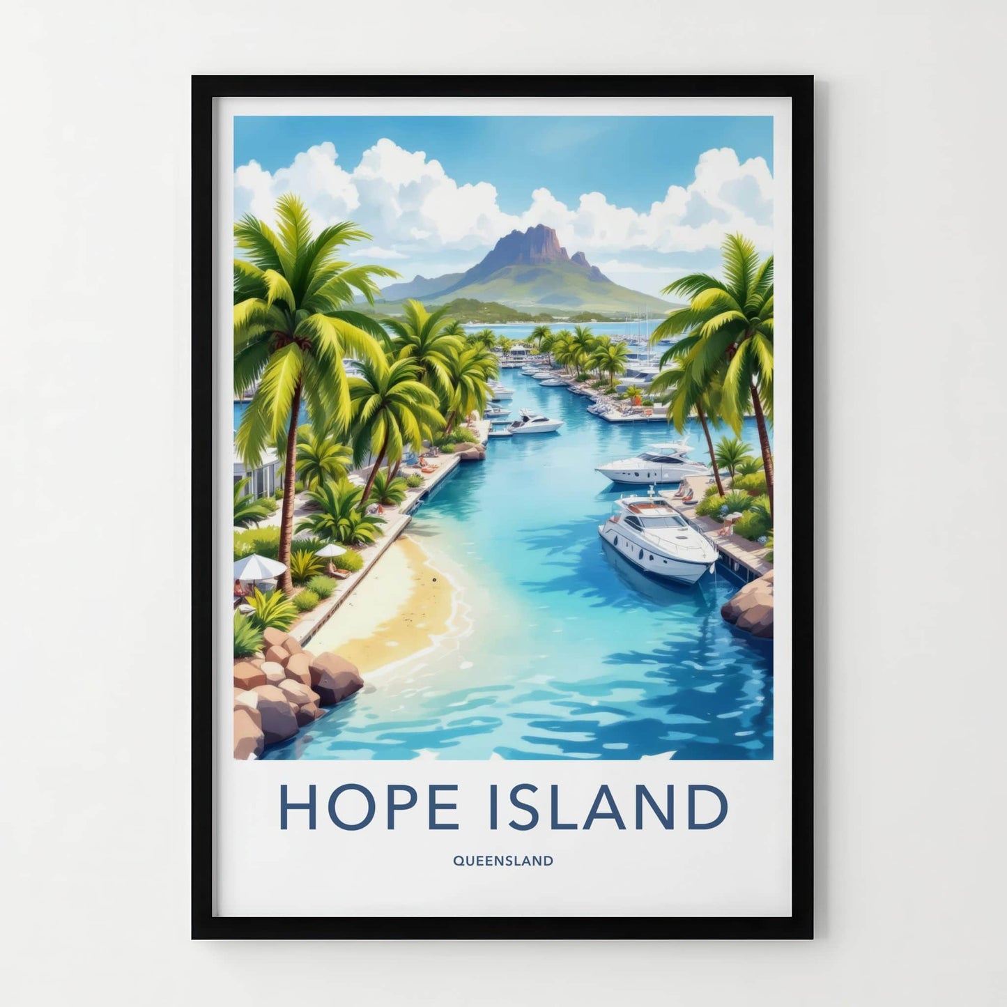 Hope Island Poster - Australia Travel Art - Tropical Marina Mountain Home Decor