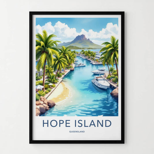 Hope Island Poster - Australia Travel Art - Tropical Marina Mountain Home Decor