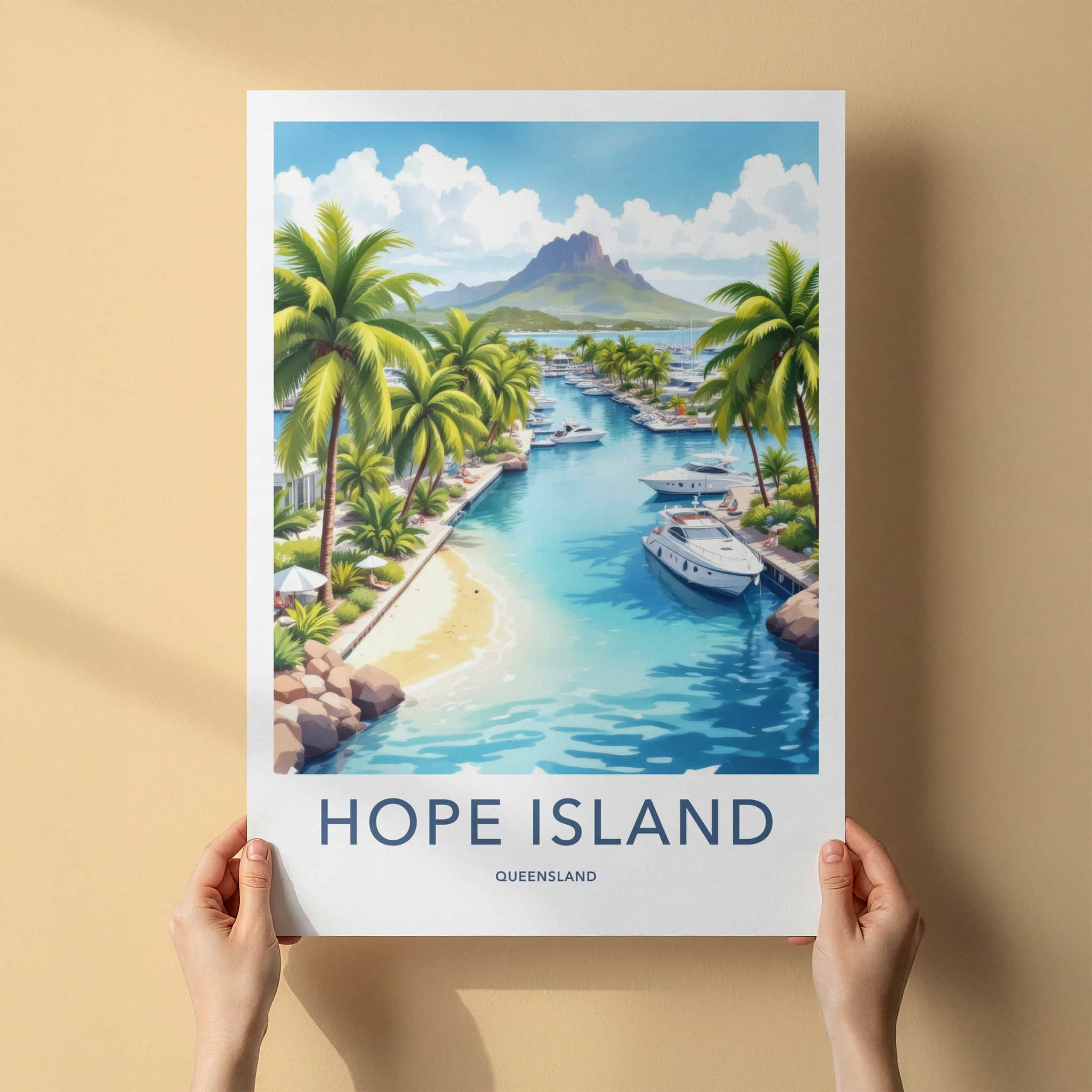 Hope Island Poster - Australia Travel Art - Tropical Marina Mountain Home Decor