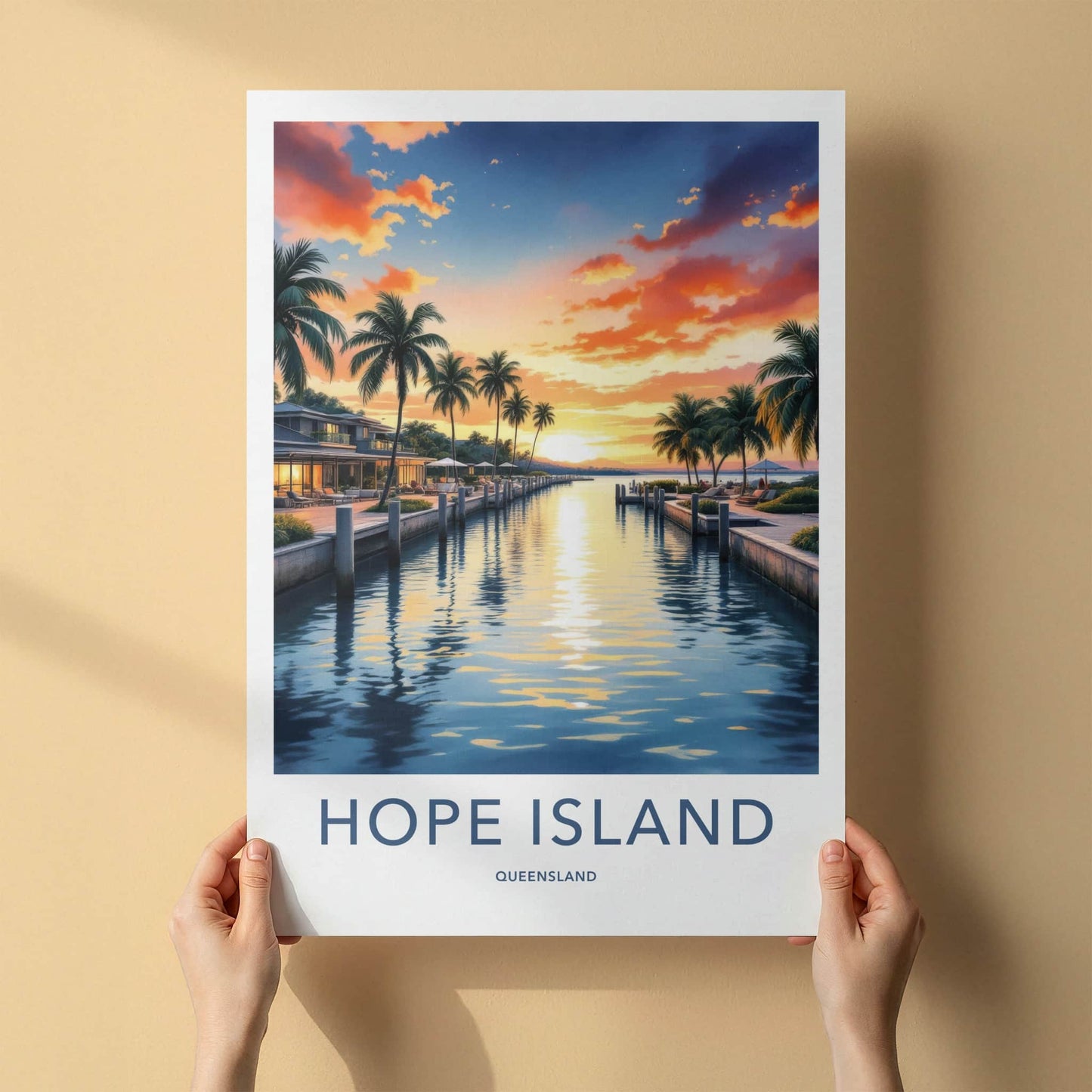 Hope Island Poster - Australia Travel Art - Vibrant Sunset Canal Home Decor