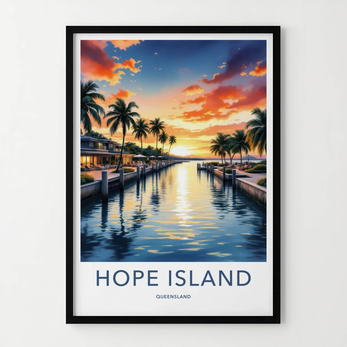 Hope Island Poster - Australia Travel Art - Vibrant Sunset Canal Home Decor