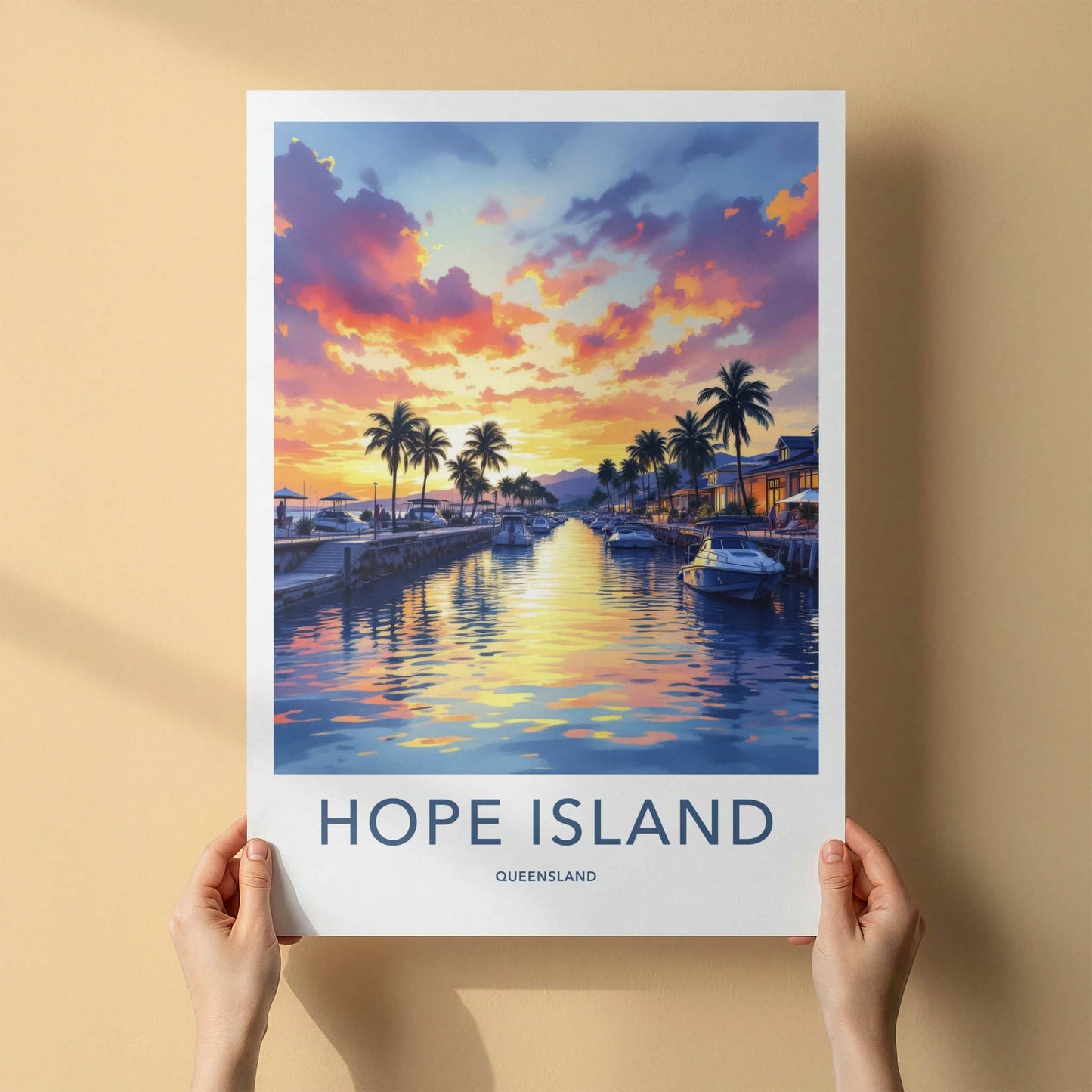 Hope Island Poster - Australia Travel Art - Vibrant Sunset Marina Home Decor