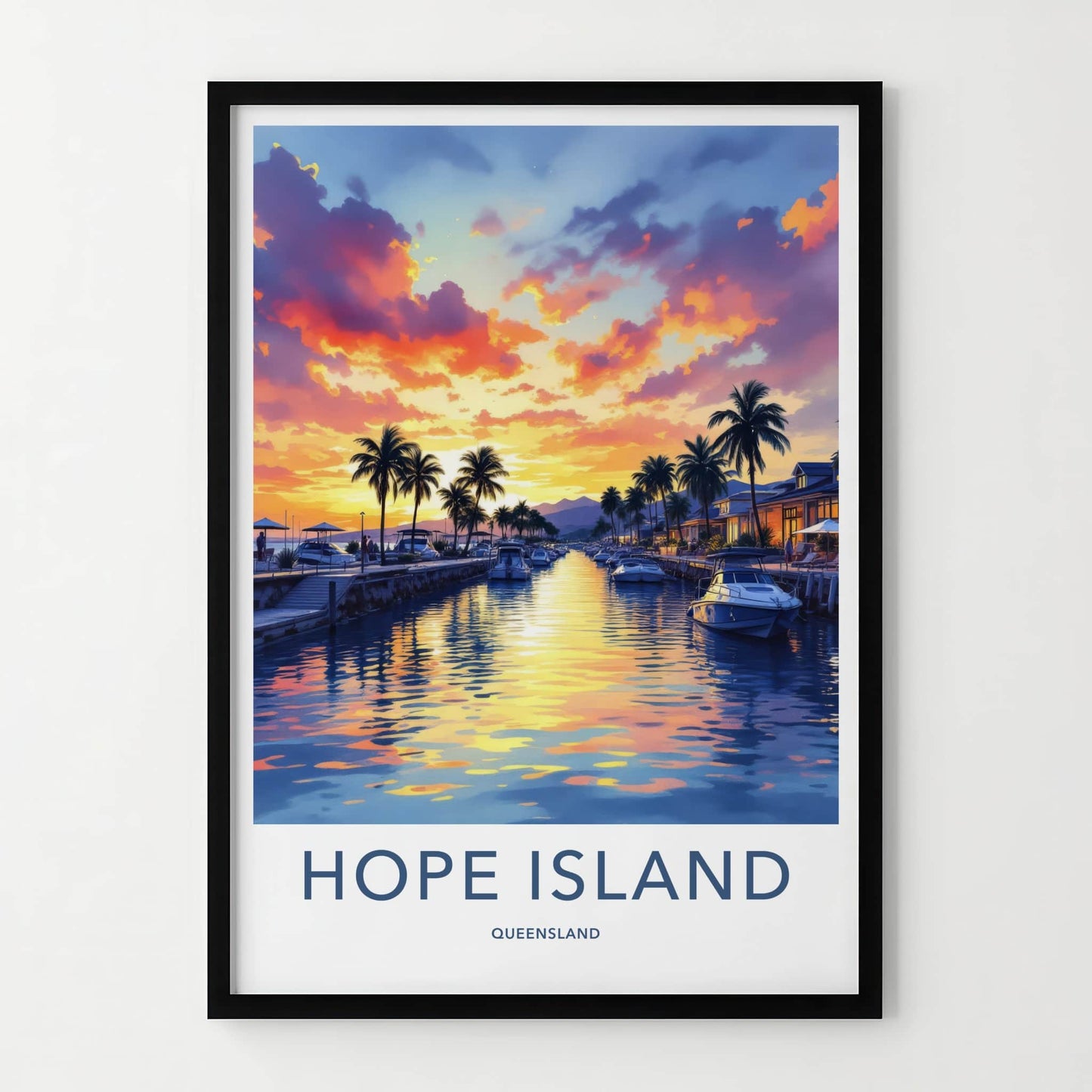Hope Island Poster - Australia Travel Art - Vibrant Sunset Marina Home Decor