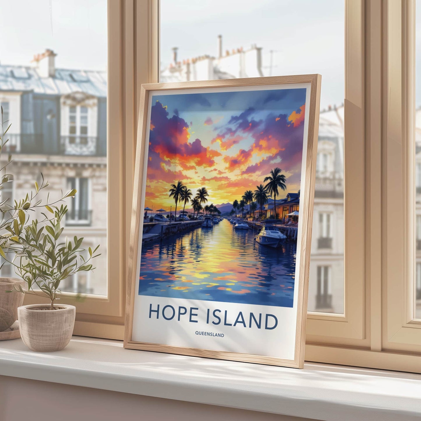 Hope Island Poster - Australia Travel Art - Vibrant Sunset Marina Home Decor