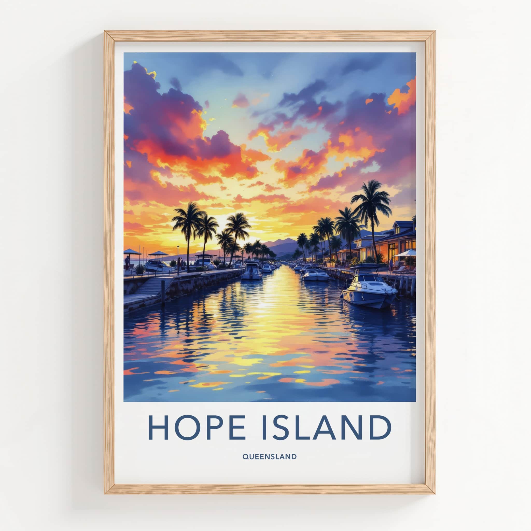 Hope Island Poster - Australia Travel Art - Vibrant Sunset Marina Home Decor