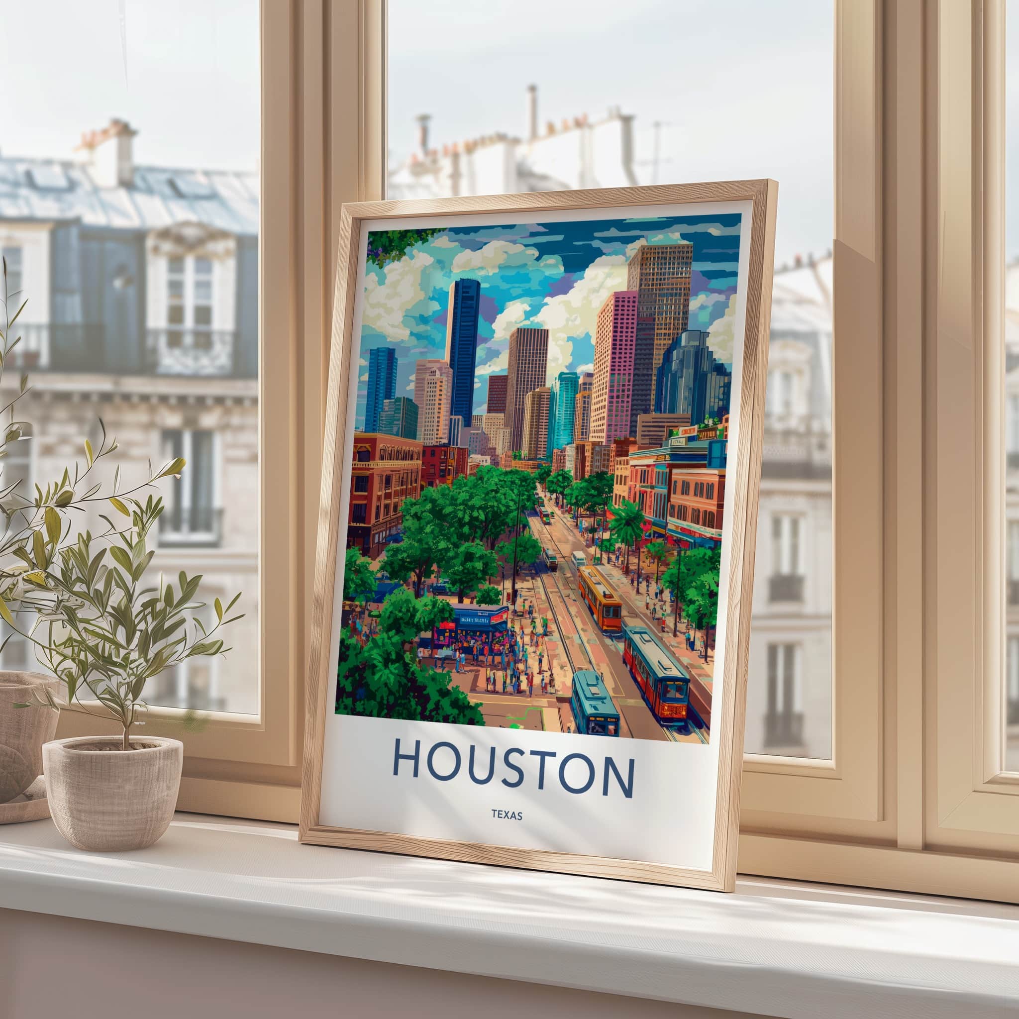 Houston Poster - Texas Framed Print - Colorful Urban Landscape Lounge Decor