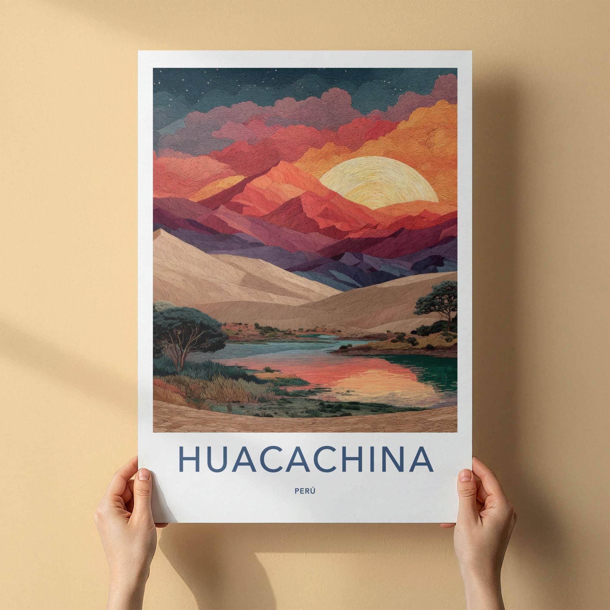 Huacachina Poster - Peru Travel Art - Vibrant Oasis Sunset Home Decor