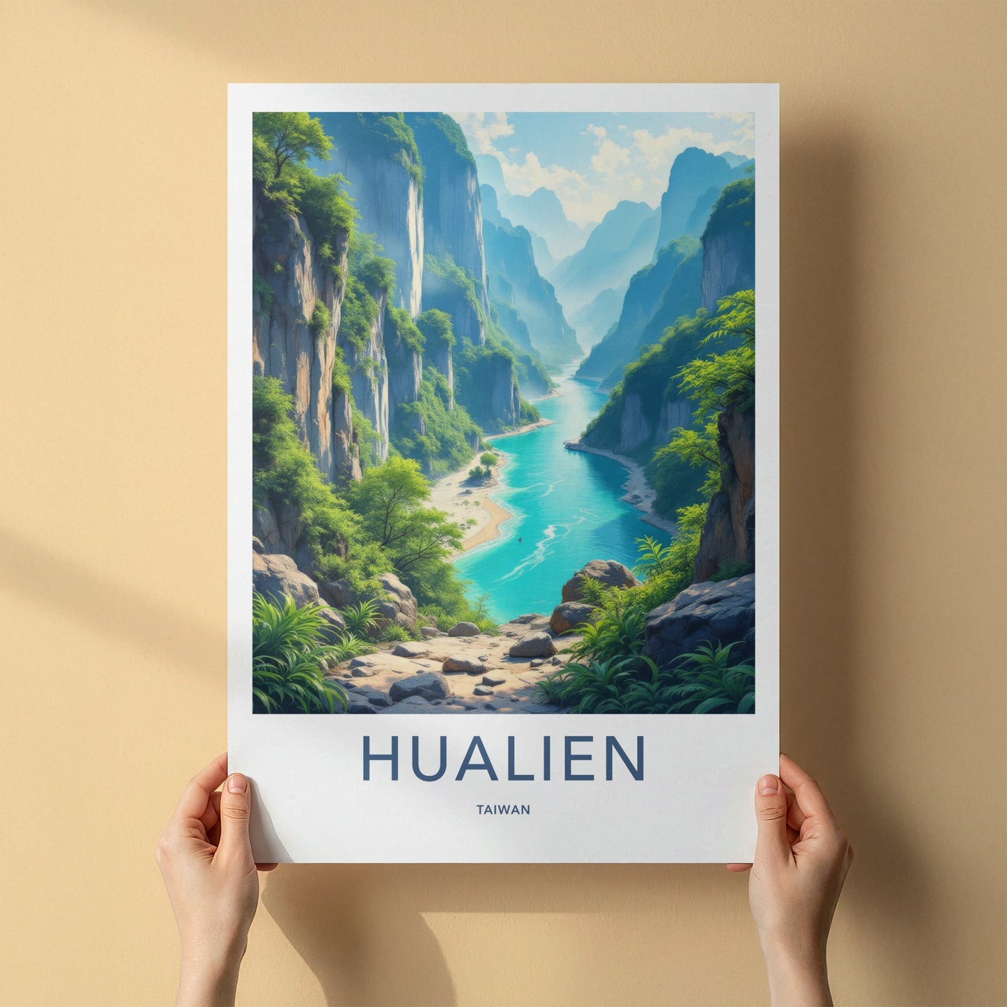 Hualien Poster - Taiwan Travel Art - Turquoise River Cliffs Wall Decor