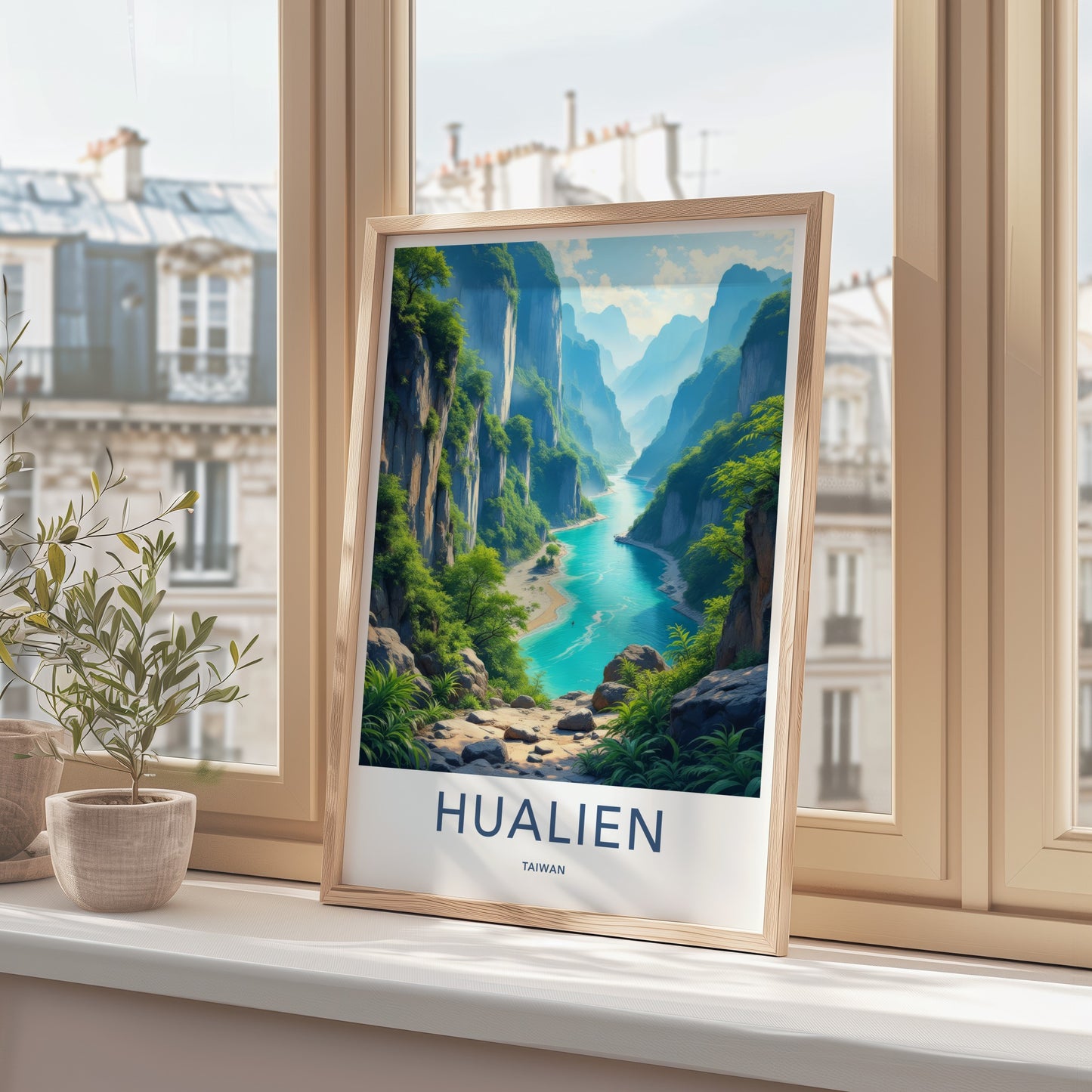 Hualien Poster - Taiwan Travel Art - Turquoise River Cliffs Wall Decor