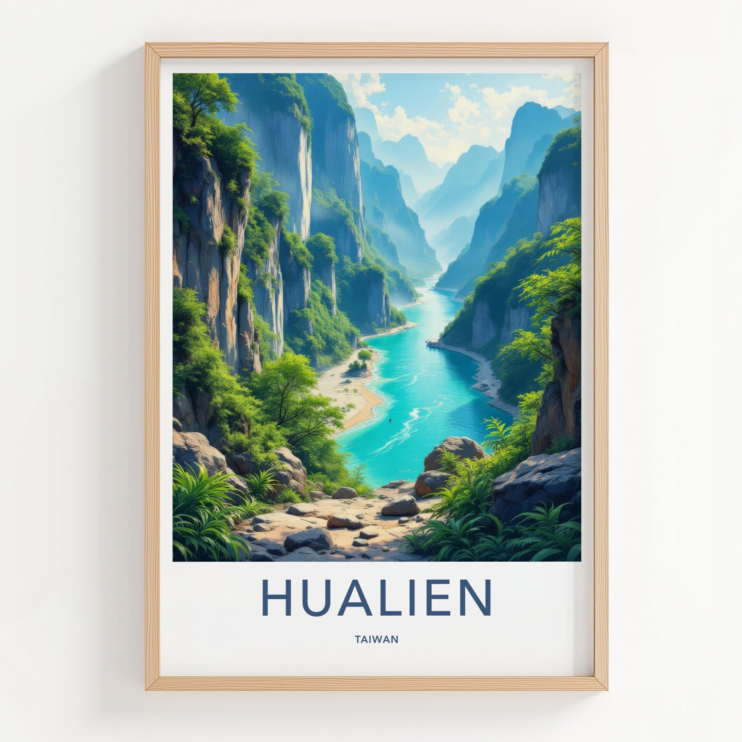 Hualien Poster - Taiwan Travel Art - Turquoise River Cliffs Wall Decor