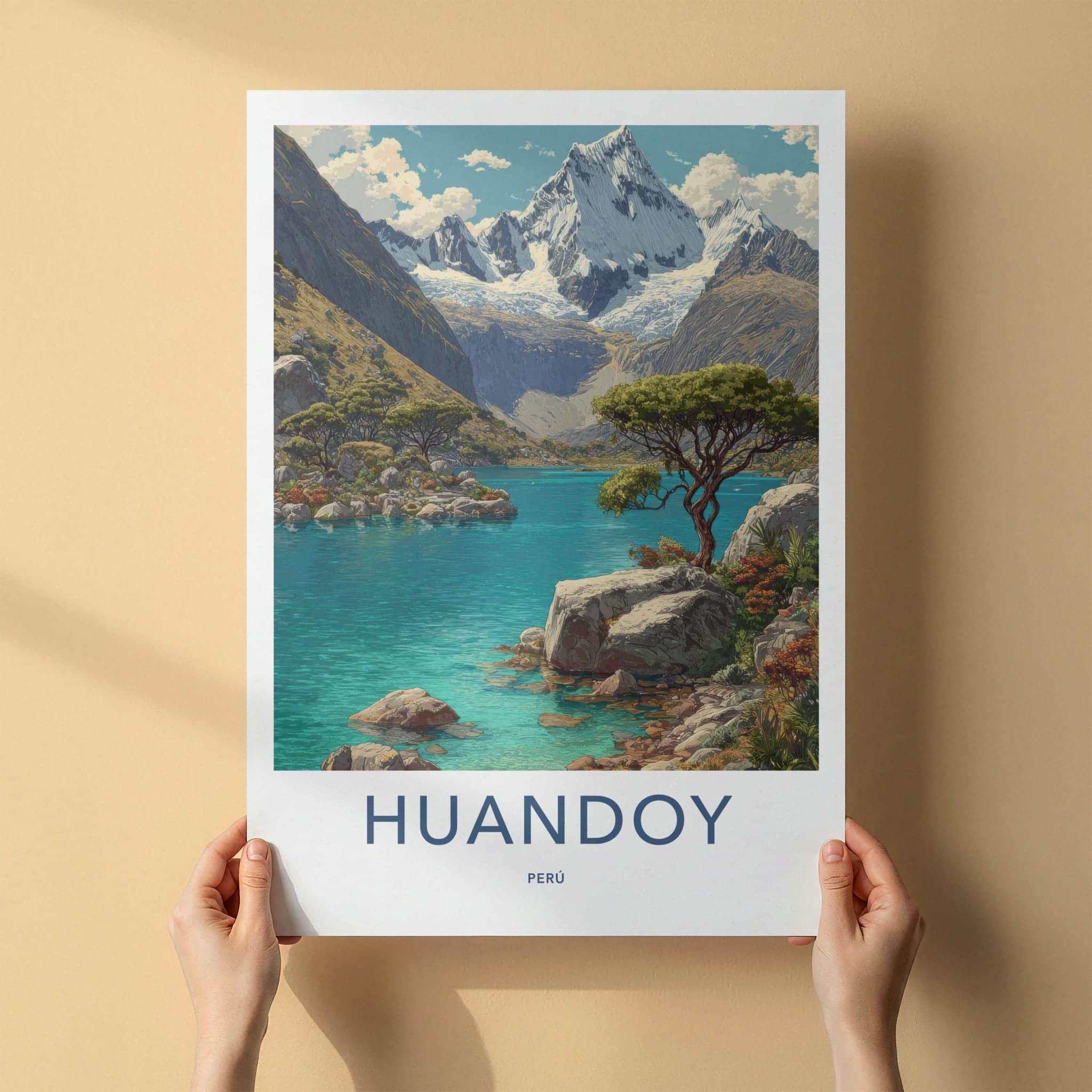 Huandoy Poster - Peru Travel Art - Snowy Mountain Turquoise Lake Home Decor