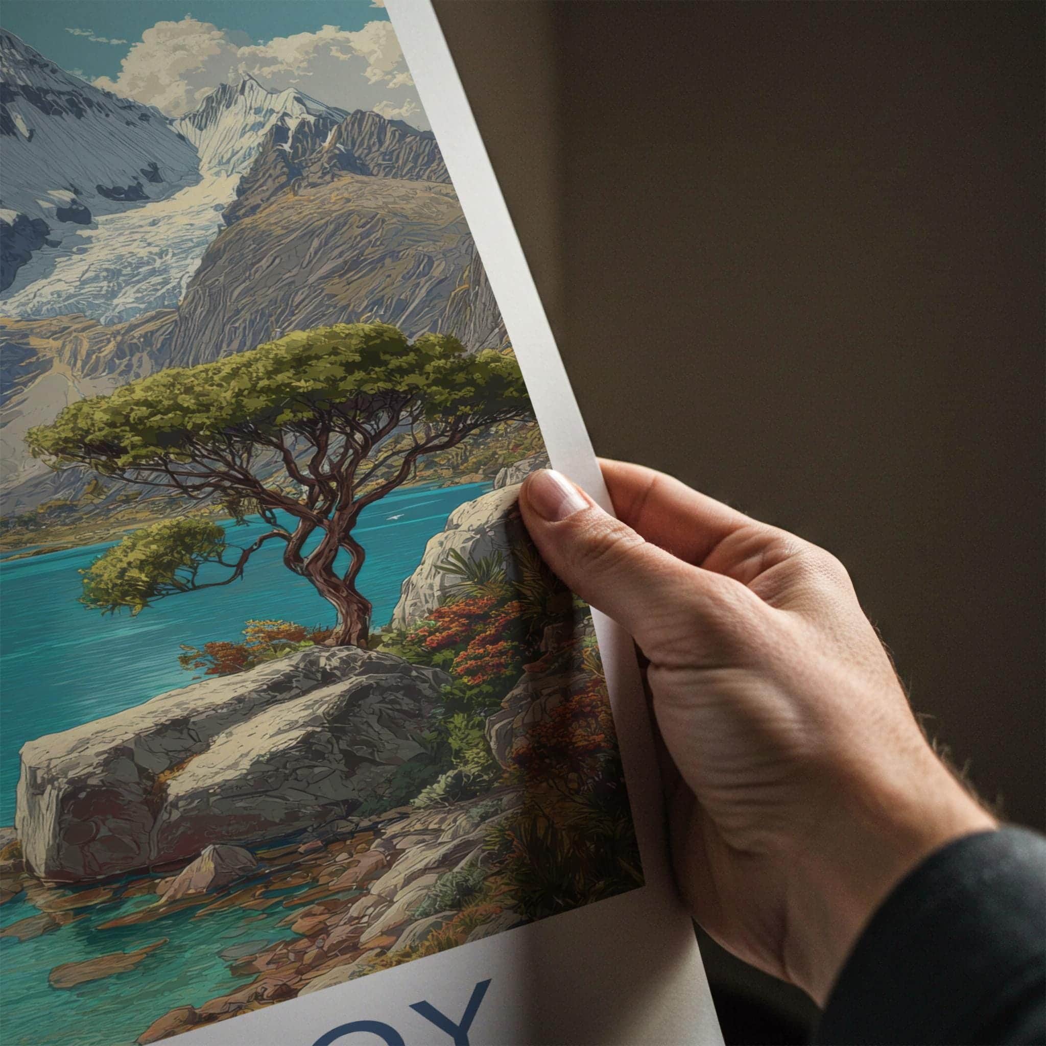 Huandoy Poster - Peru Travel Art - Snowy Mountain Turquoise Lake Home Decor