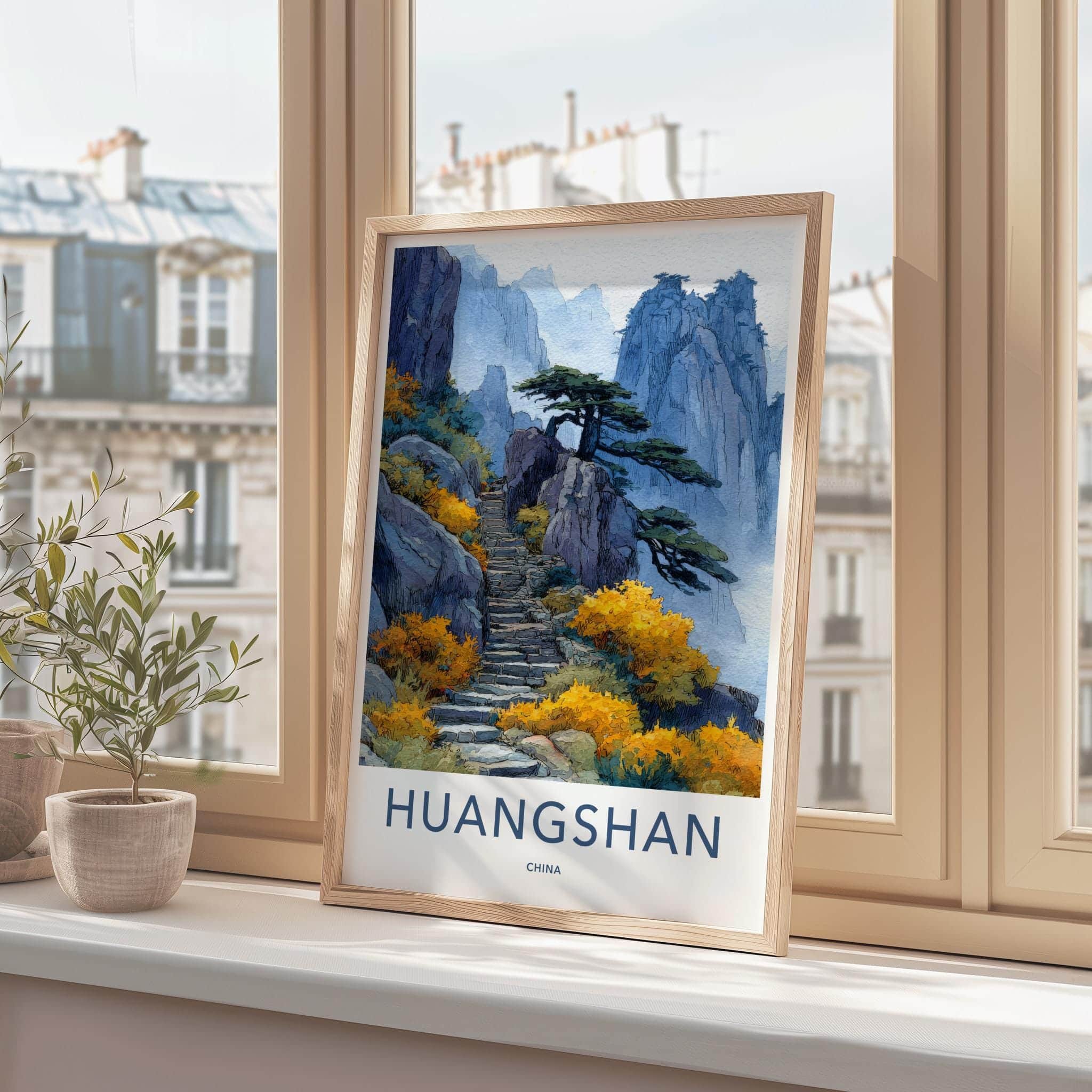 Huangshan Poster - China Travel Art - Misty Mountain Steps Home Decor