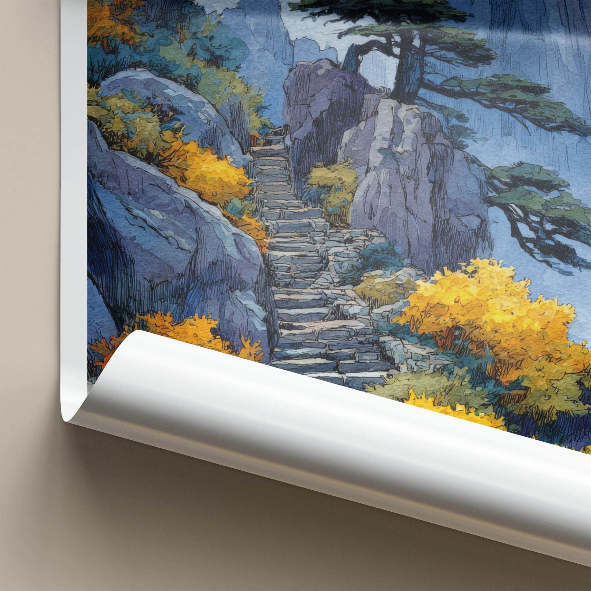 Huangshan Poster - China Travel Art - Misty Mountain Steps Home Decor