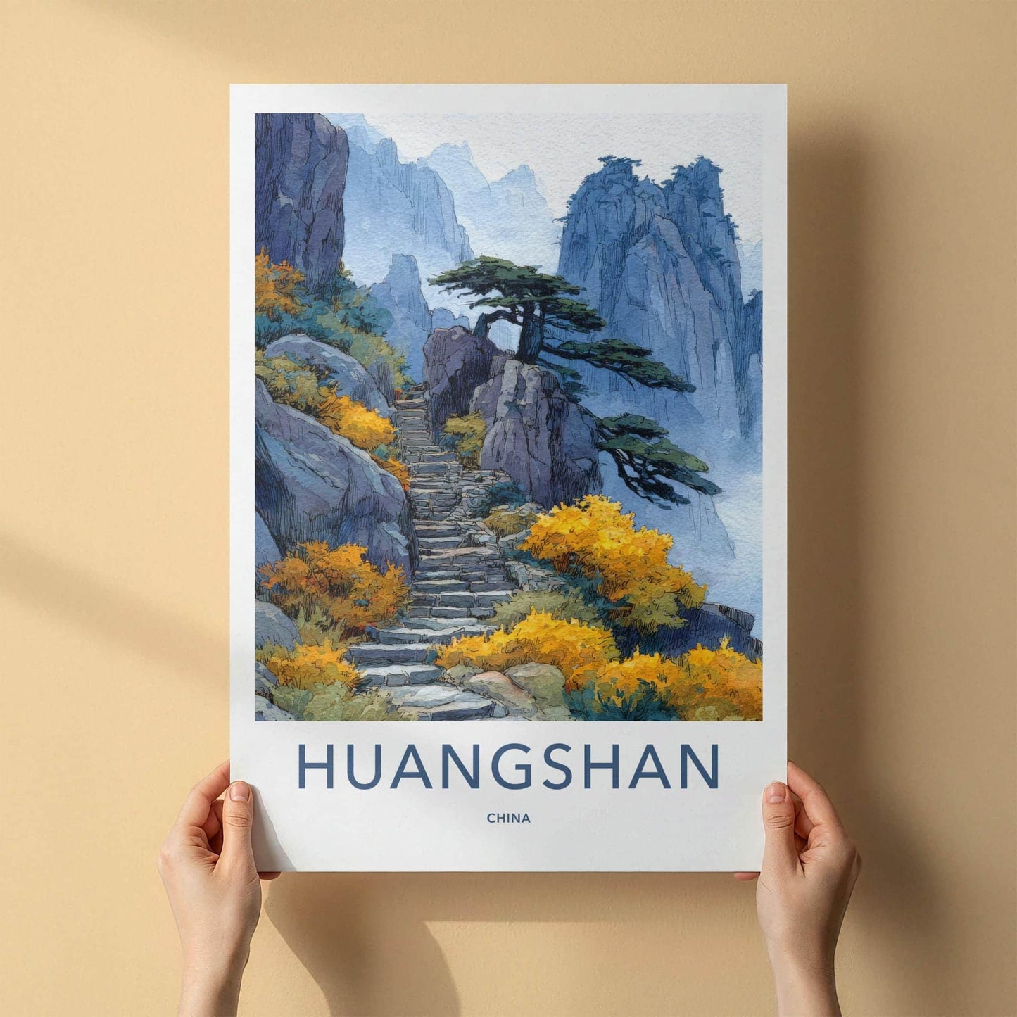 Huangshan Poster - China Travel Art - Misty Mountain Steps Home Decor
