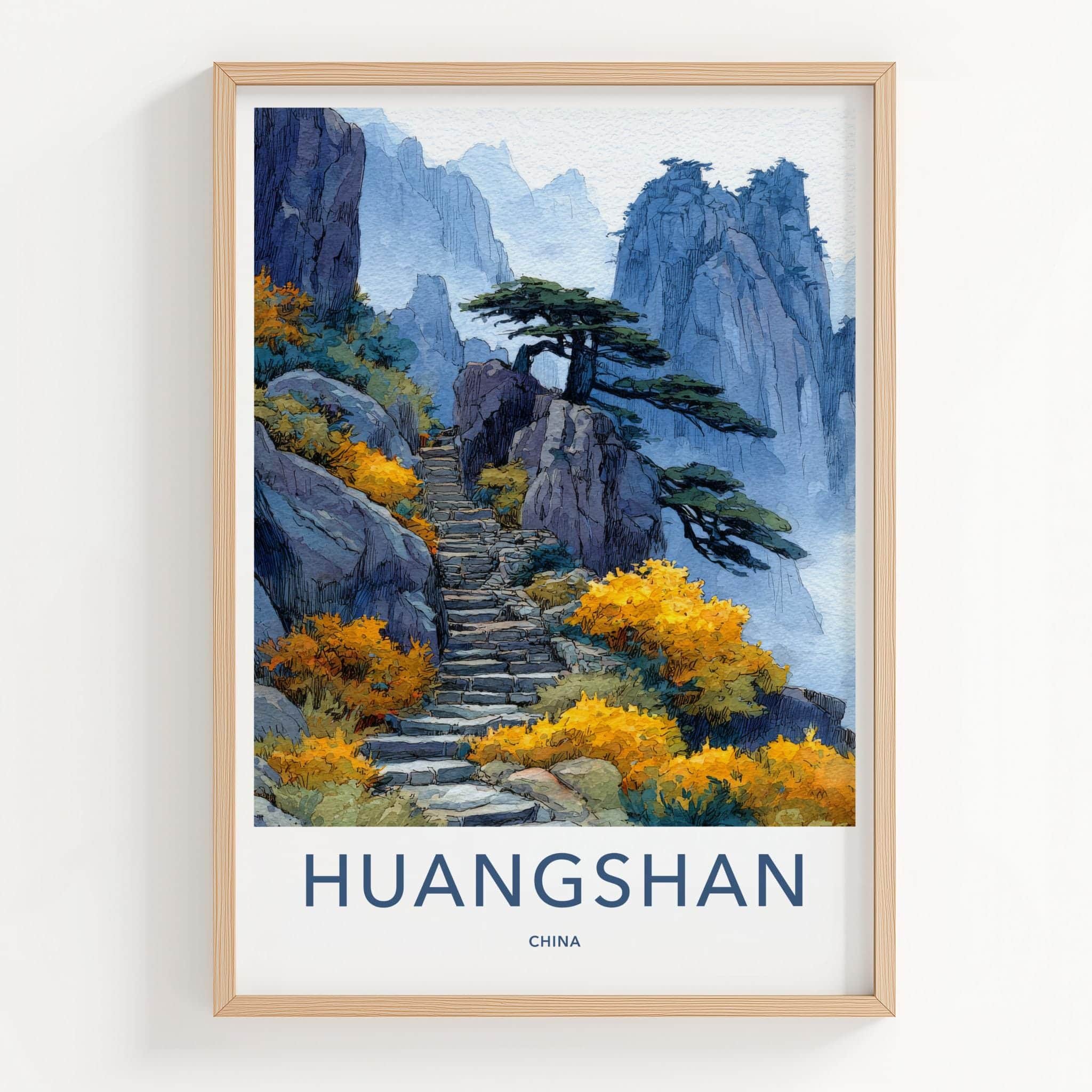 Huangshan Poster - China Travel Art - Misty Mountain Steps Home Decor