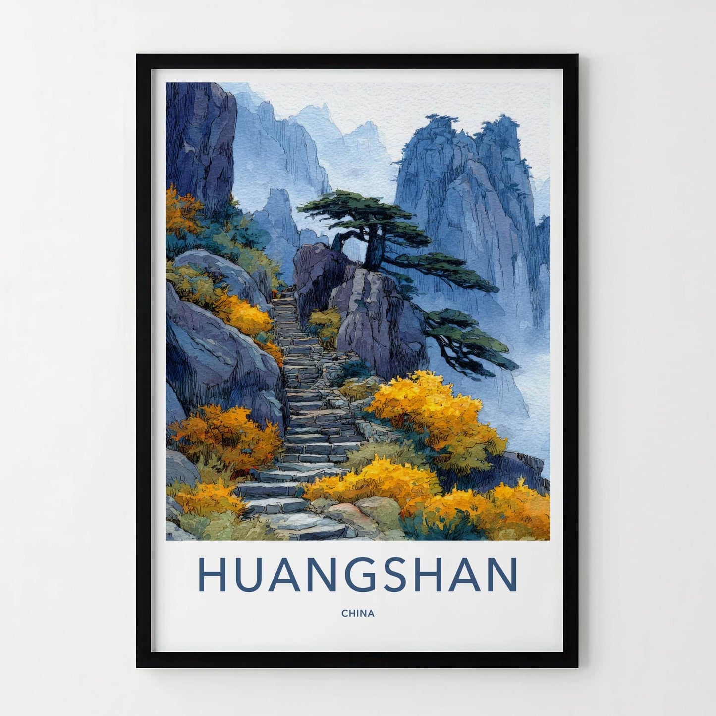 Huangshan Poster - China Travel Art - Misty Mountain Steps Home Decor