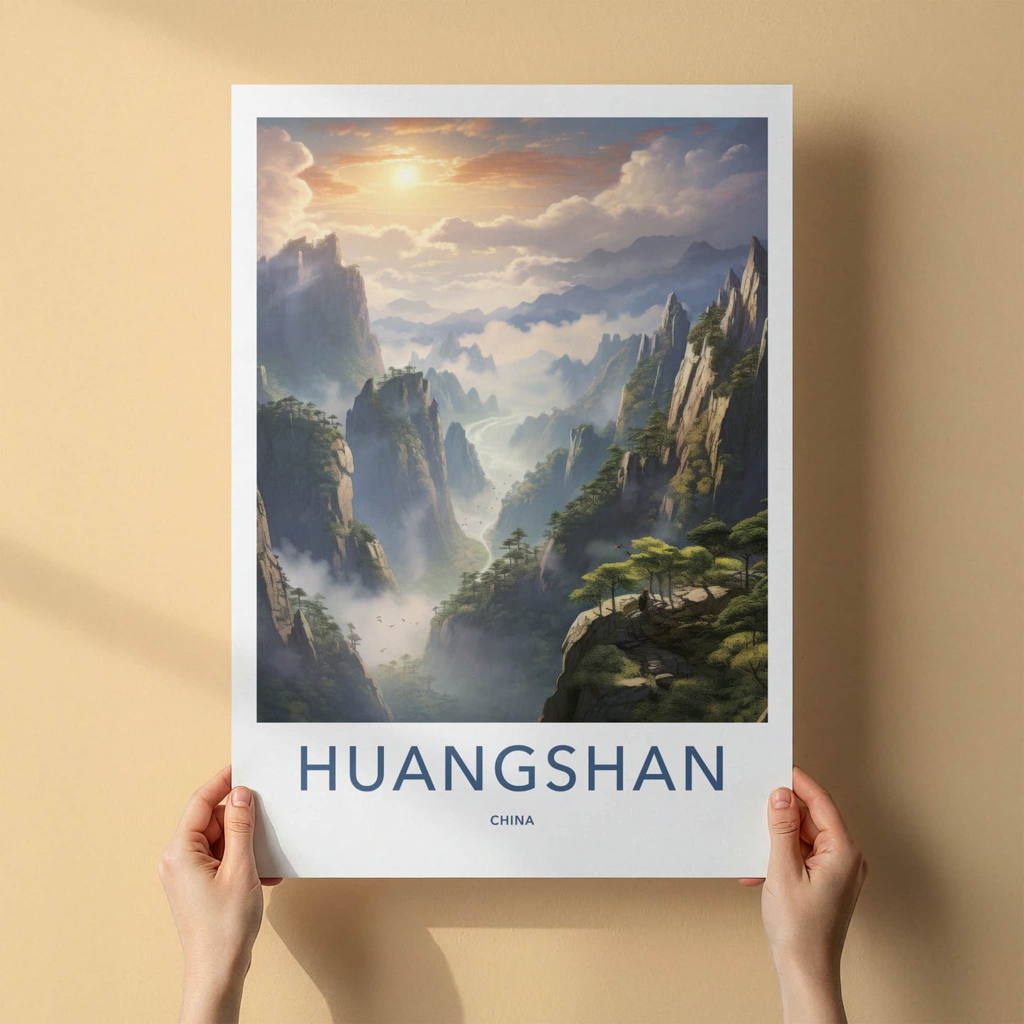 HUANGSHAN Poster - China Travel Art - Misty Mountain Sunrise Home Decor