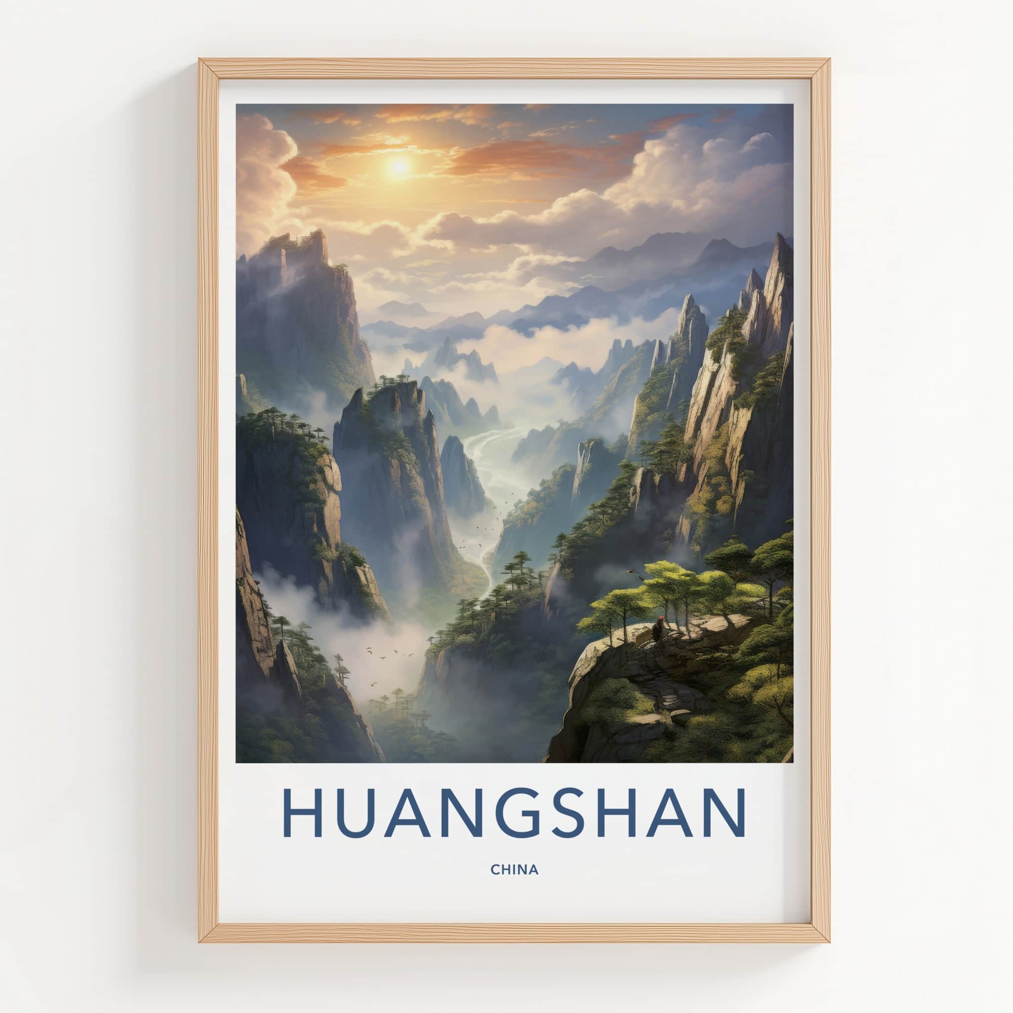 HUANGSHAN Poster - China Travel Art - Misty Mountain Sunrise Home Decor