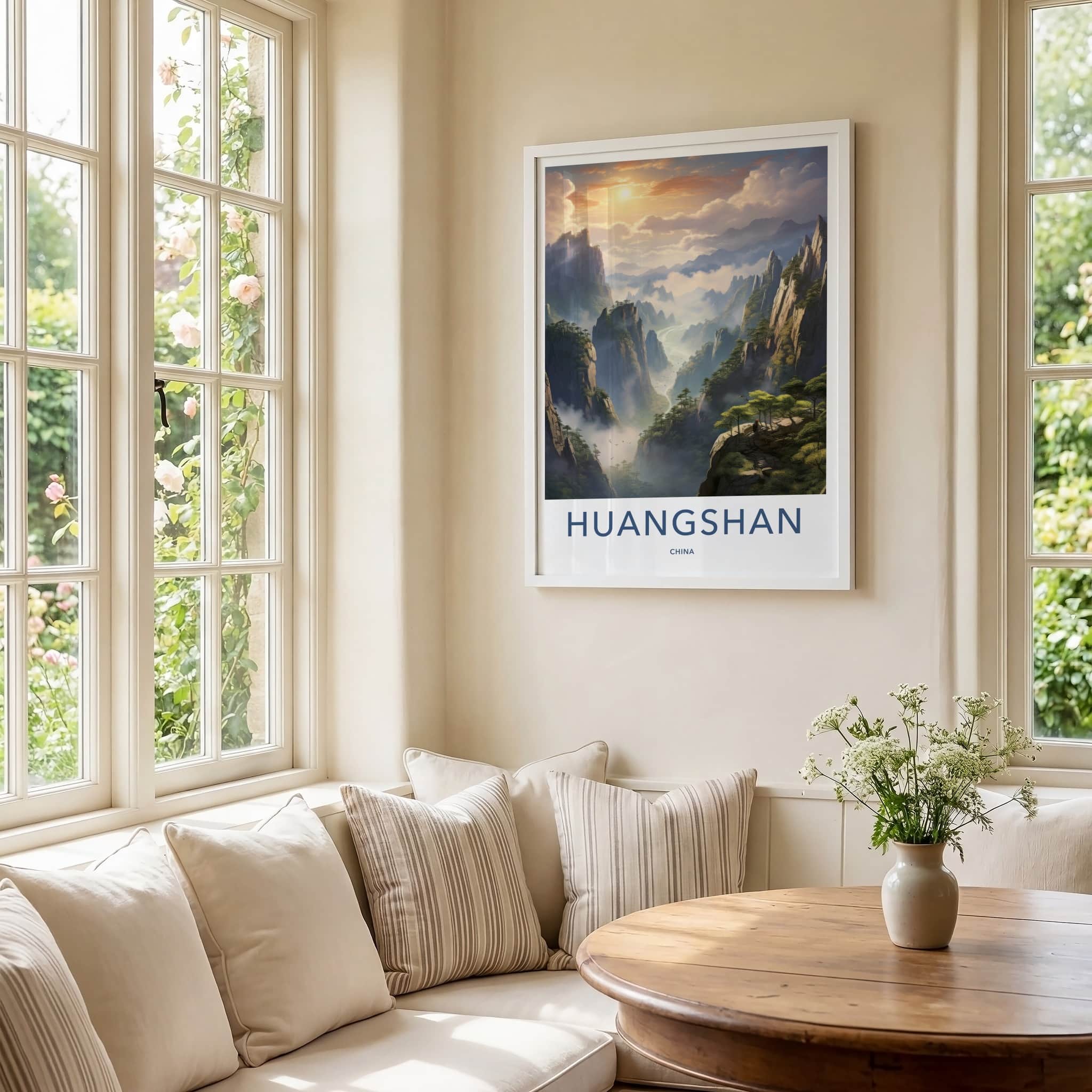 HUANGSHAN Poster - China Travel Art - Misty Mountain Sunrise Home Decor