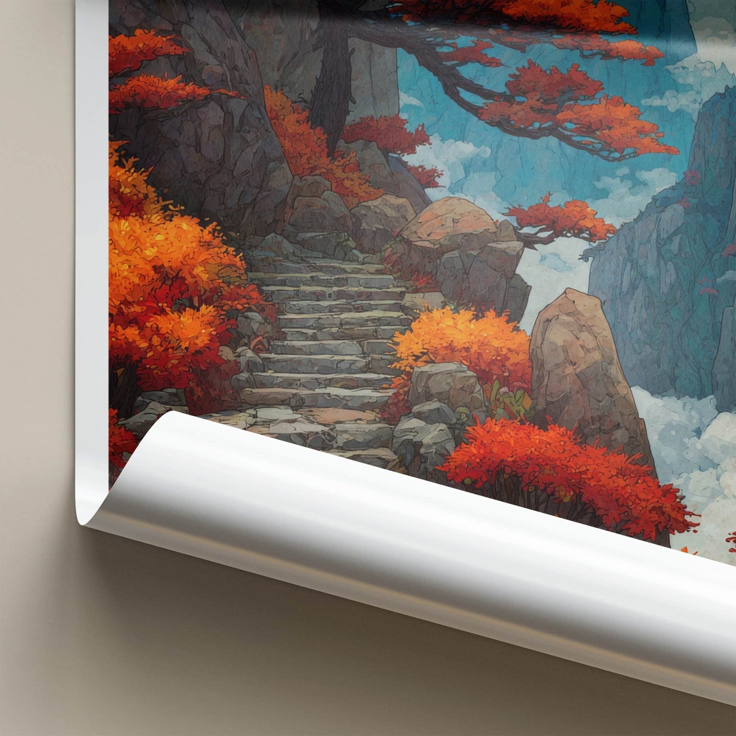 Huangshan Poster - China Travel Art - Red Trees Steps Gallery Art