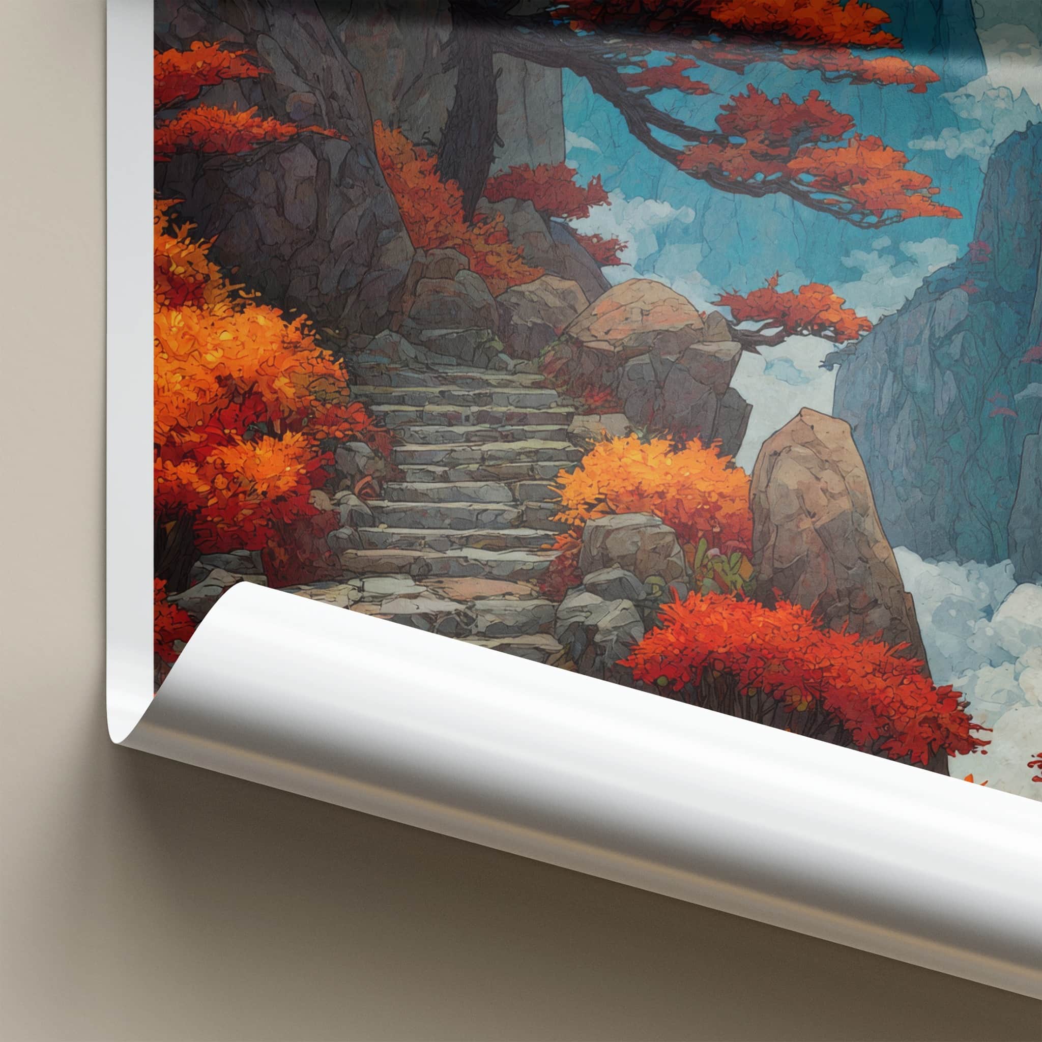 Huangshan Poster - China Travel Art - Red Trees Steps Gallery Art