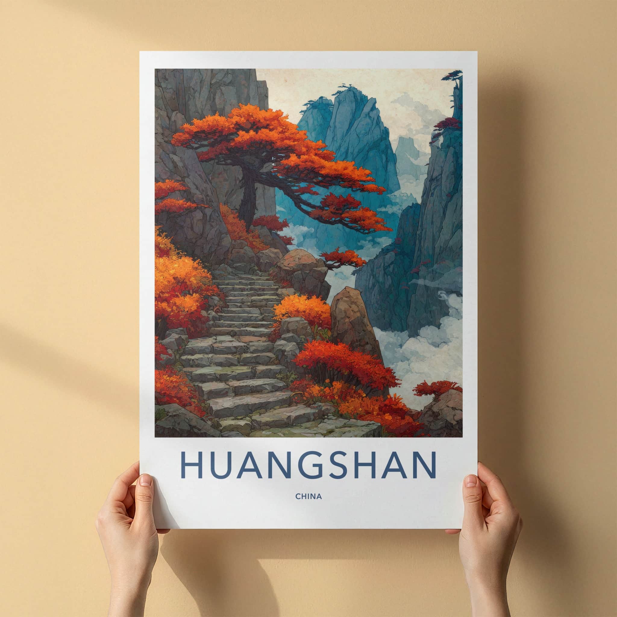Huangshan Poster - China Travel Art - Red Trees Steps Gallery Art