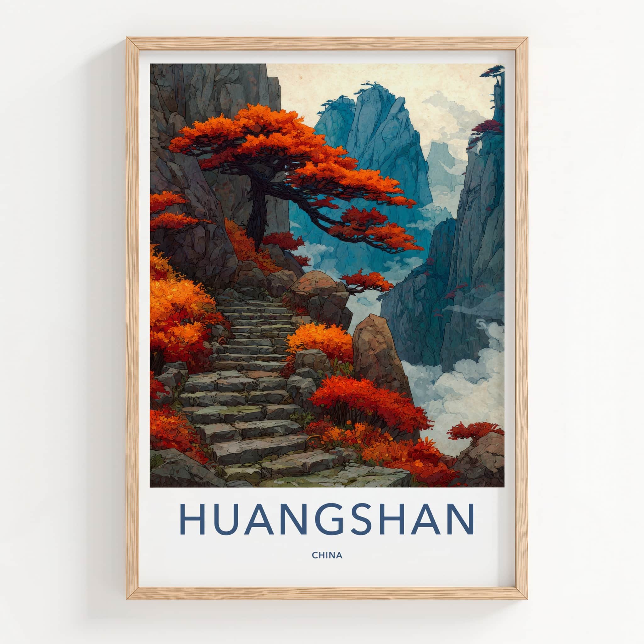 Huangshan Poster - China Travel Art - Red Trees Steps Gallery Art