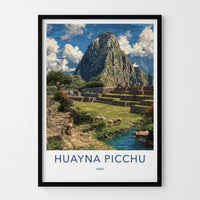Huayna Picchu Poster - Peru Travel Art - Llamas Ancient Terraces Home Decor