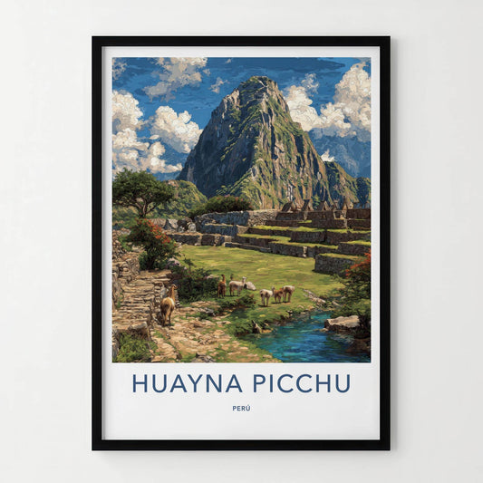 Huayna Picchu Poster - Peru Travel Art - Llamas Ancient Terraces Home Decor