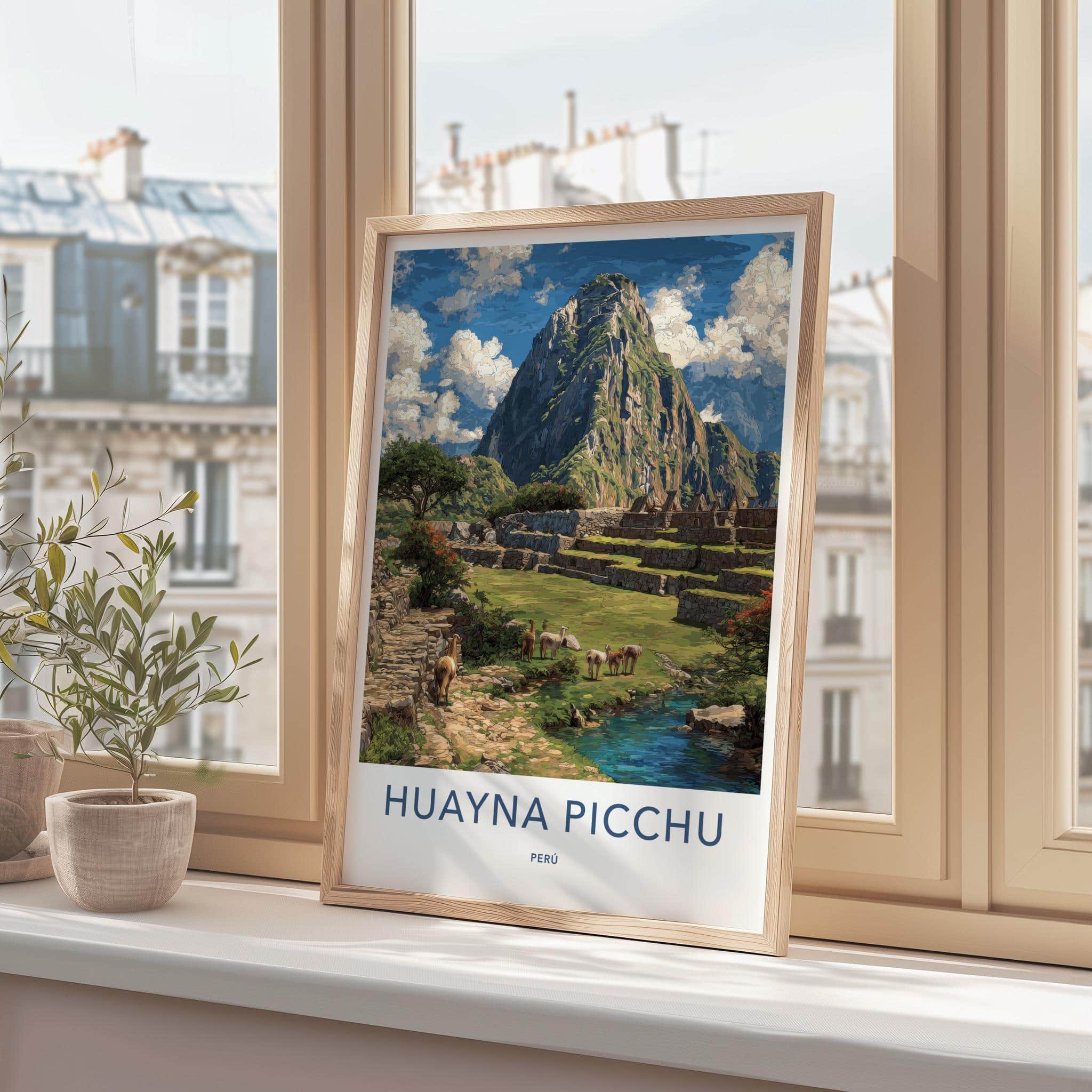 Huayna Picchu Poster - Peru Travel Art - Llamas Ancient Terraces Home Decor