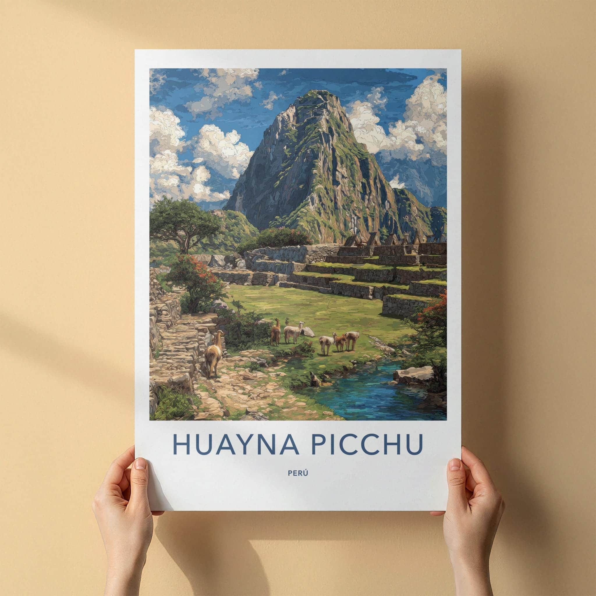 Huayna Picchu Poster - Peru Travel Art - Llamas Ancient Terraces Home Decor