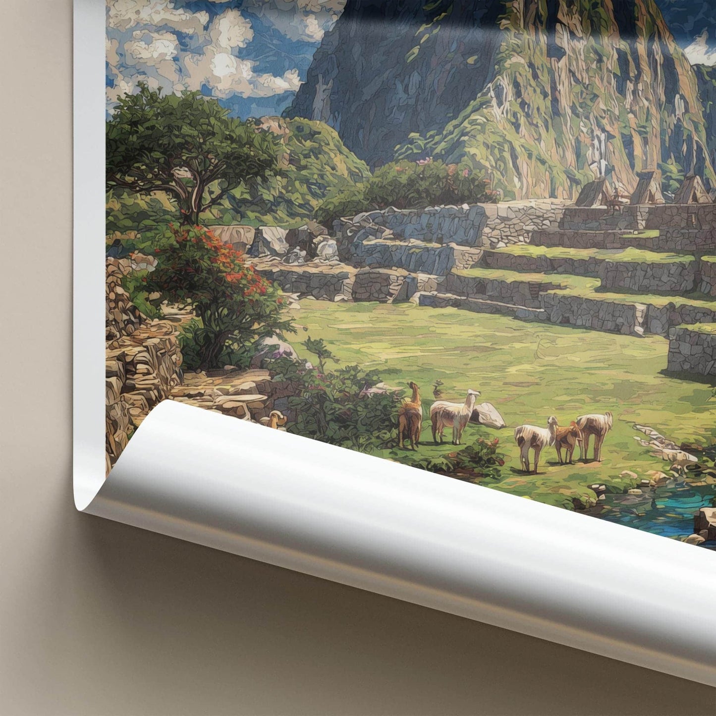 Huayna Picchu Poster - Peru Travel Art - Llamas Ancient Terraces Home Decor