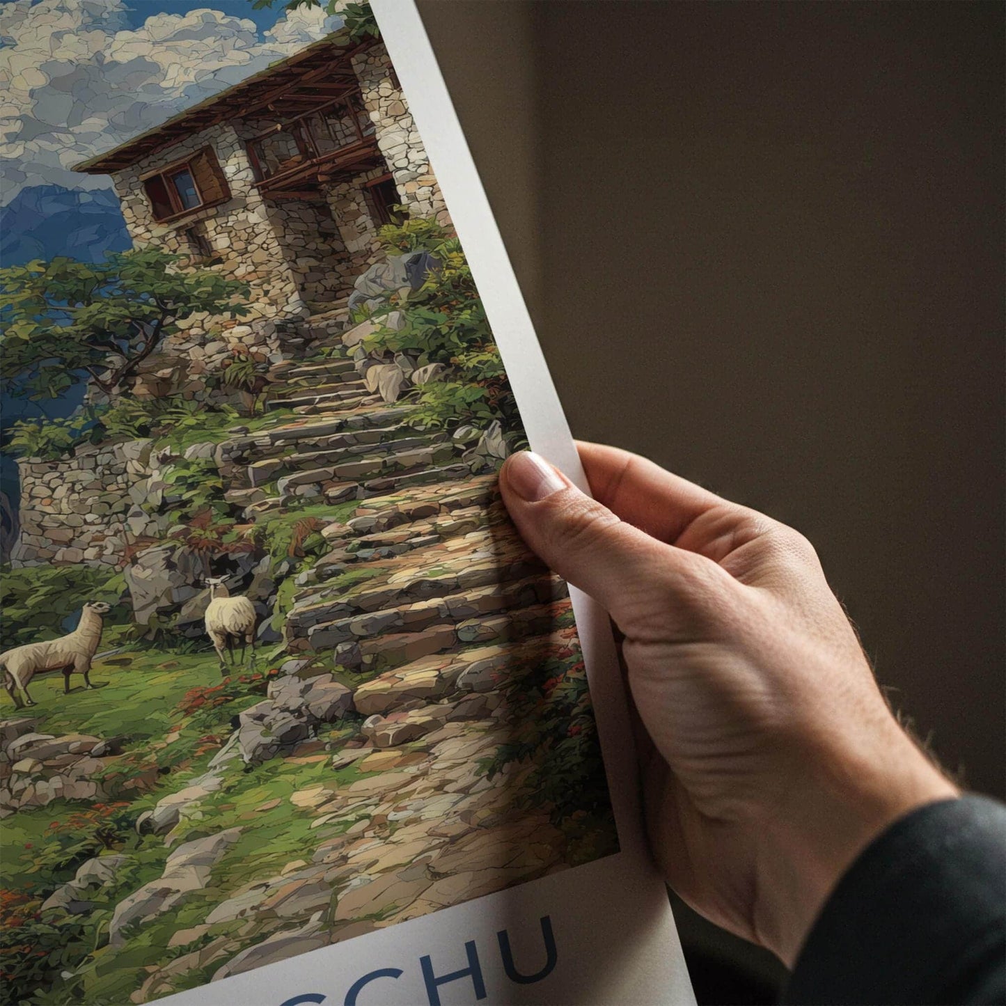 Huayna Picchu Poster - Peru Travel Art - Mountain River Llamas Home Decor