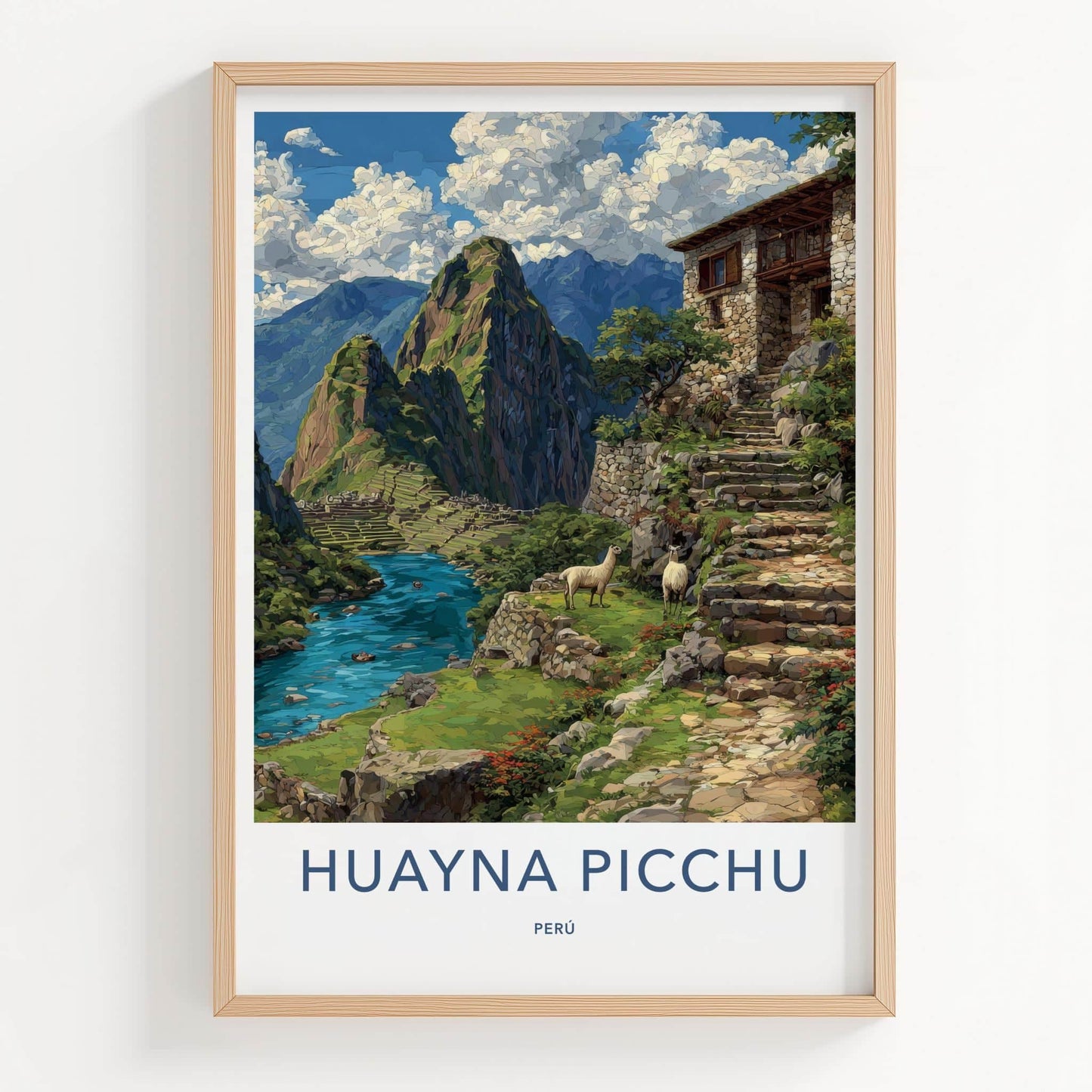 Huayna Picchu Poster - Peru Travel Art - Mountain River Llamas Home Decor