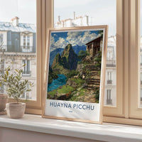 Huayna Picchu Poster - Peru Travel Art - Mountain River Llamas Home Decor