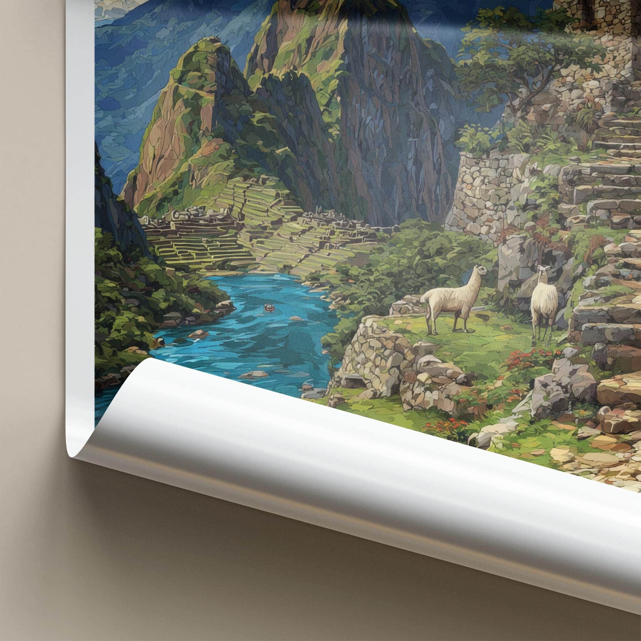 Huayna Picchu Poster - Peru Travel Art - Mountain River Llamas Home Decor